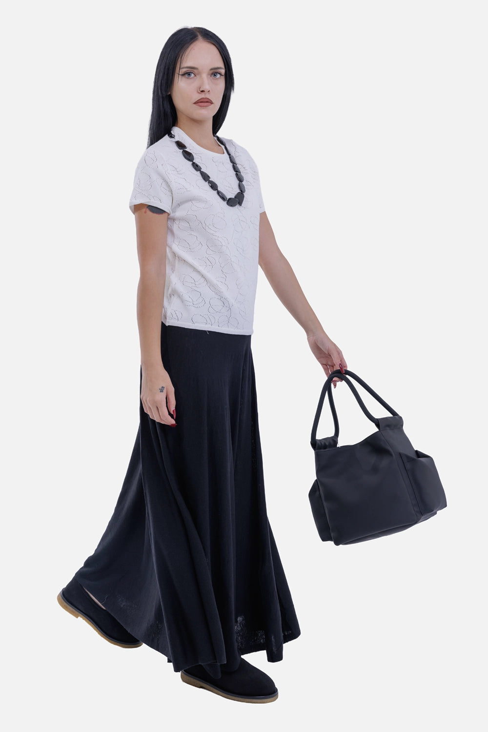 By Malene Birger women's black Geri maxi skirt, full-length on-model view with flowing A-line silhouette