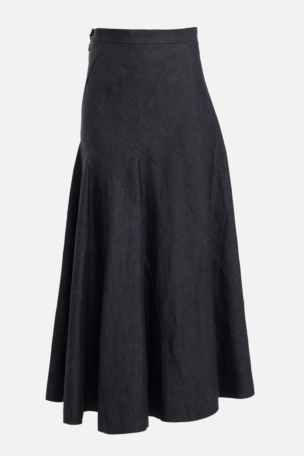Vivienne Westwood women's maxi skirt in navy, front view, diagonal panel seams and flared hem