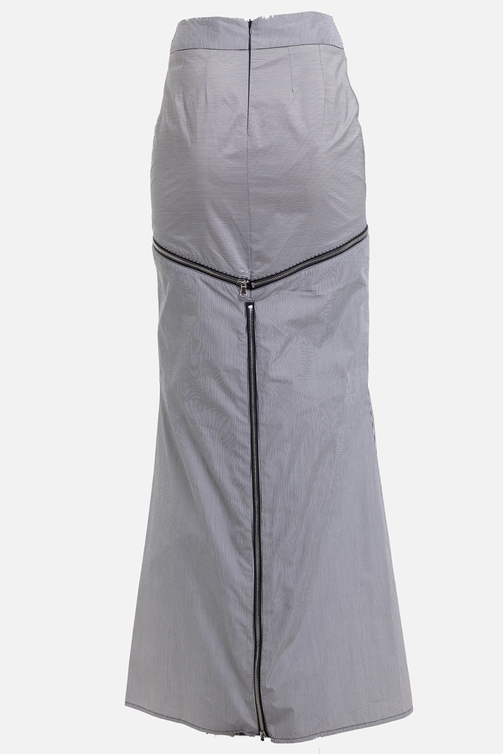 Sehnsucht Atelier women's maxi skirt in Thunder, back view, V-shaped zip lines and center back zip