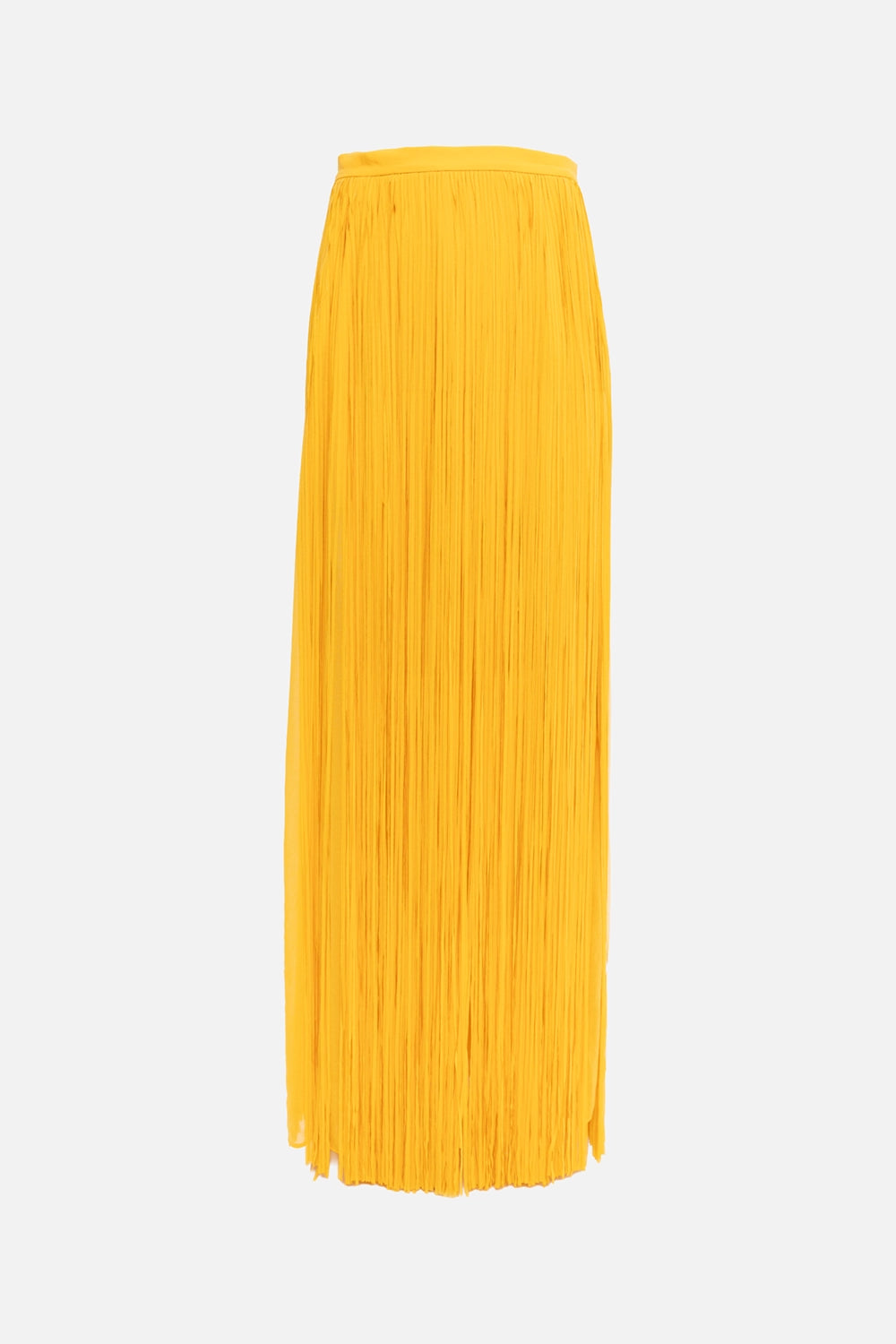 Pre-owned Elie Saab women's fringed maxi skirt in golden yellow, front view, full-length fringe curtain