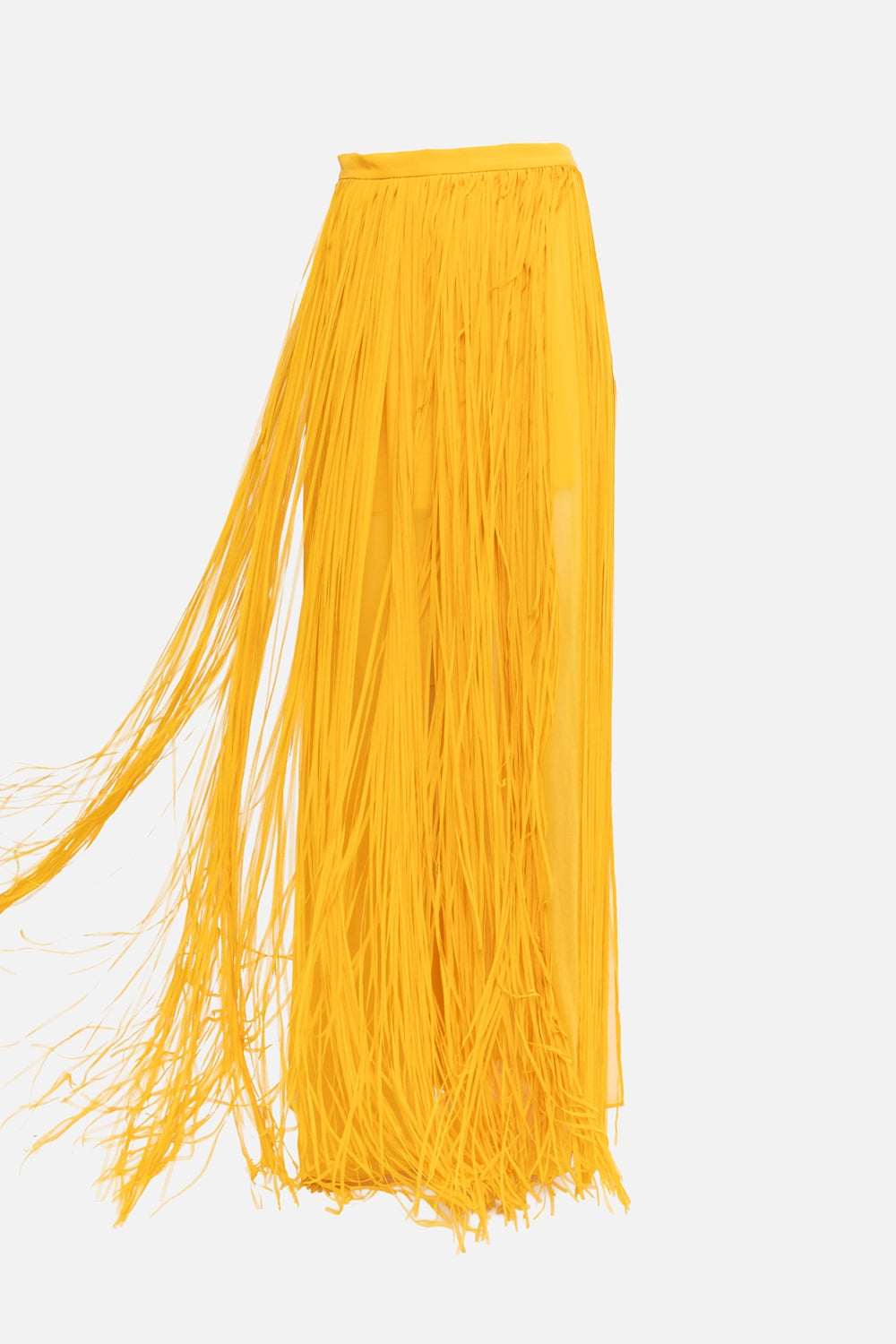 Pre-owned Elie Saab women's fringed maxi skirt in golden yellow, side view, long fringe strands draped outward