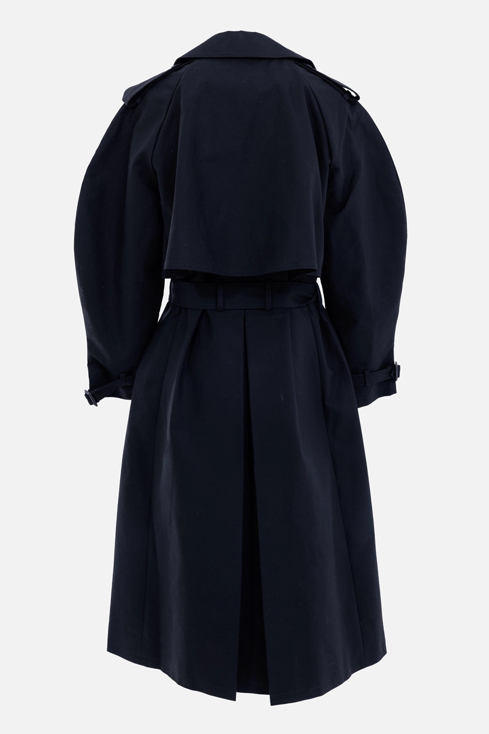 Anine Bing women's black maxi trench coat, back view with storm flap, belt and adjustable cuff straps