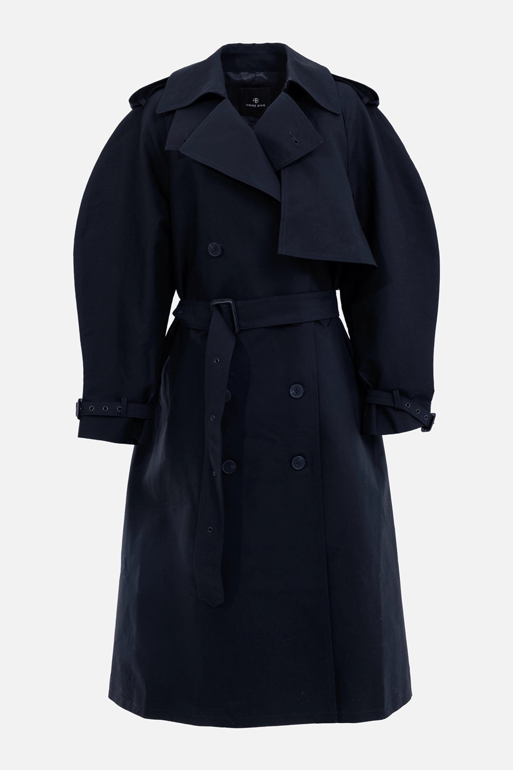 Anine Bing women's black maxi trench coat, front view with double-breasted buttons and epaulettes