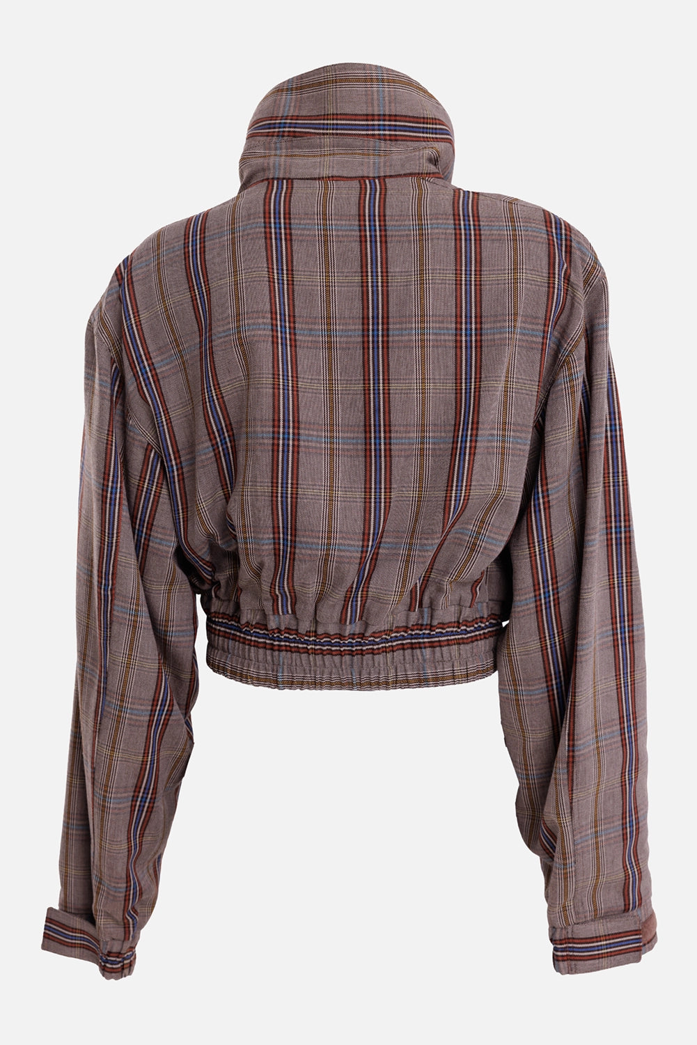 Vivienne Westwood women's cropped bomber in multi, back view with dropped shoulders and elasticated cropped hem