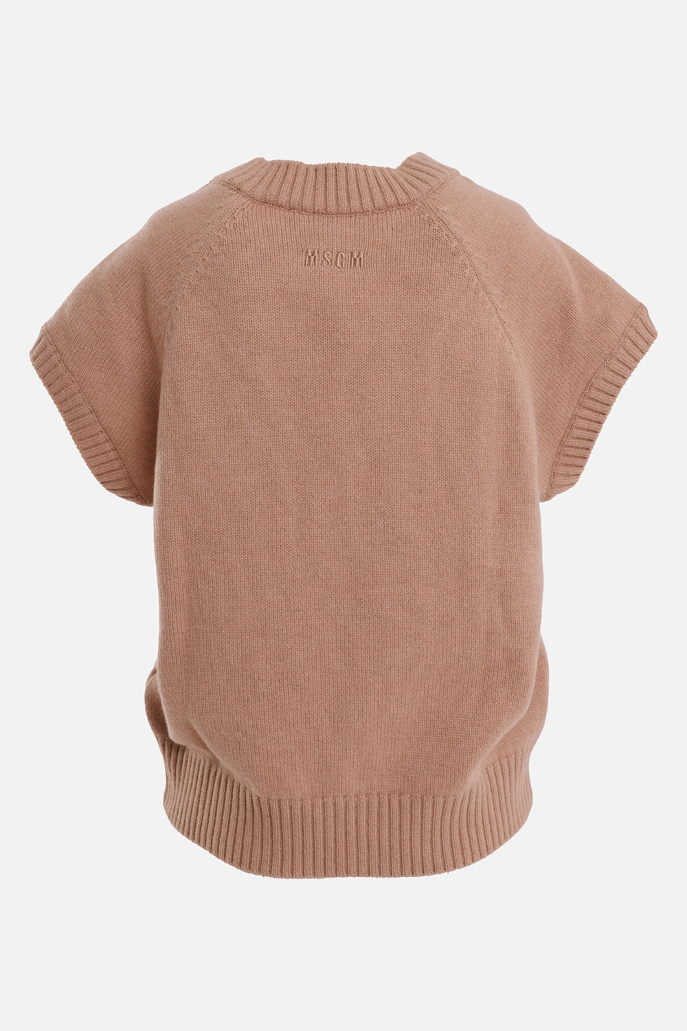 MSGM women's merino-cashmere vest in camel, back view with tonal logo embroidery and ribbed hem