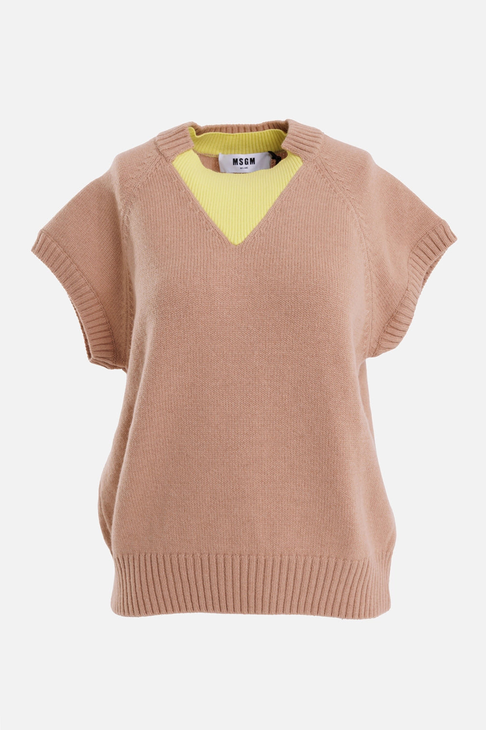 MSGM women's merino-cashmere vest in camel and yellow, front view with deep V cutout and ribbed trims
