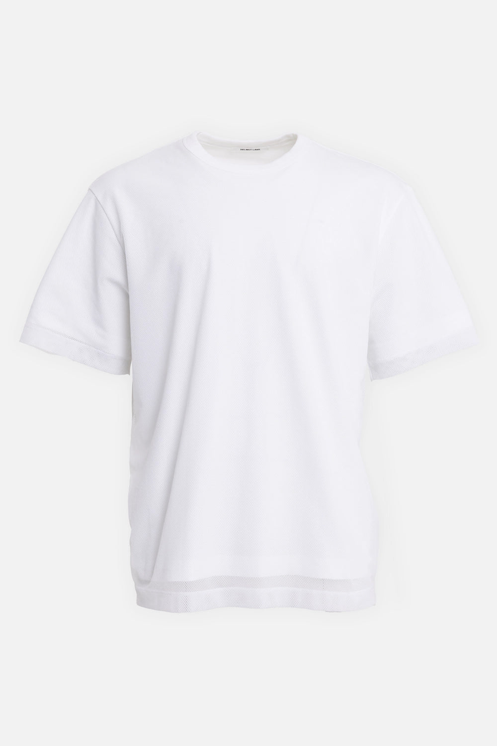 Helmut Lang men's mesh layered tee in white, front view, crewneck and double-layer mesh construction