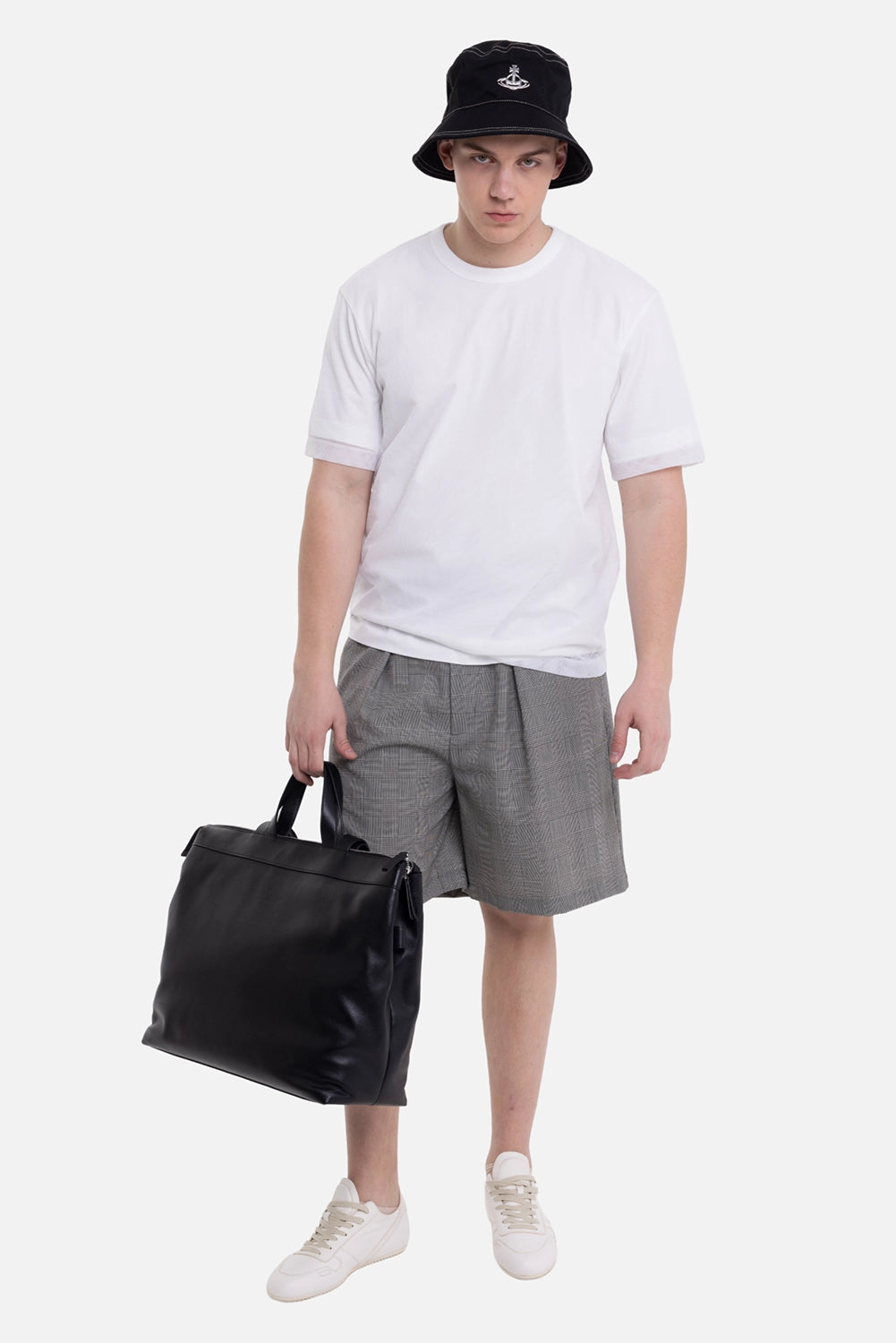 Helmut Lang men's mesh layered tee in white, on-model full-length view, relaxed fit and sheer sleeve edge