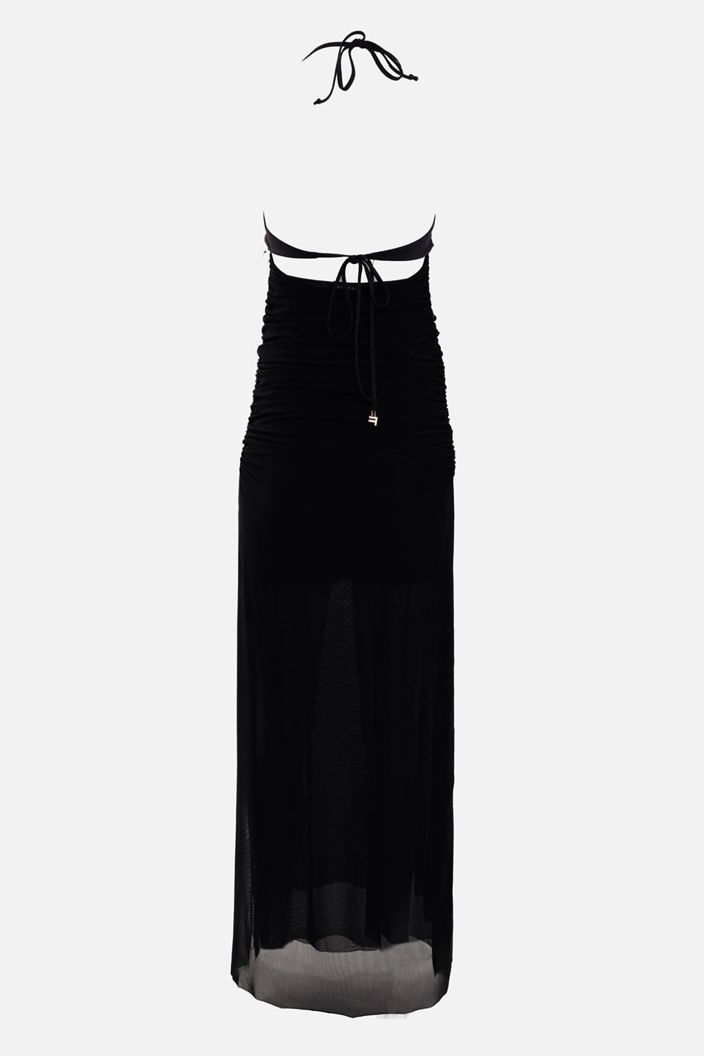 Fisico women's mesh maxi dress in black, back view, halter ties and open back