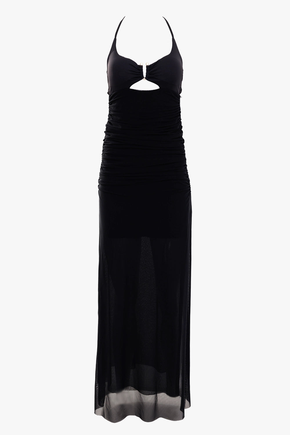 Fisico women's mesh maxi dress in black, front view, gold ring keyhole and ruched bodice