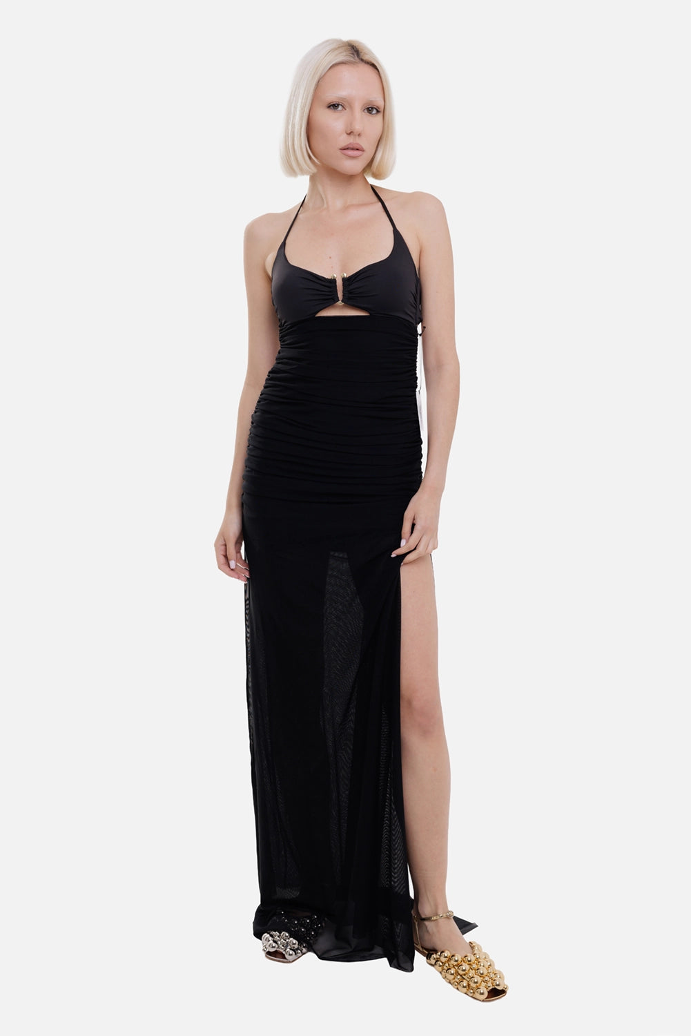 Fisico women's mesh maxi dress in black, on-model full length, sheer skirt and front slit