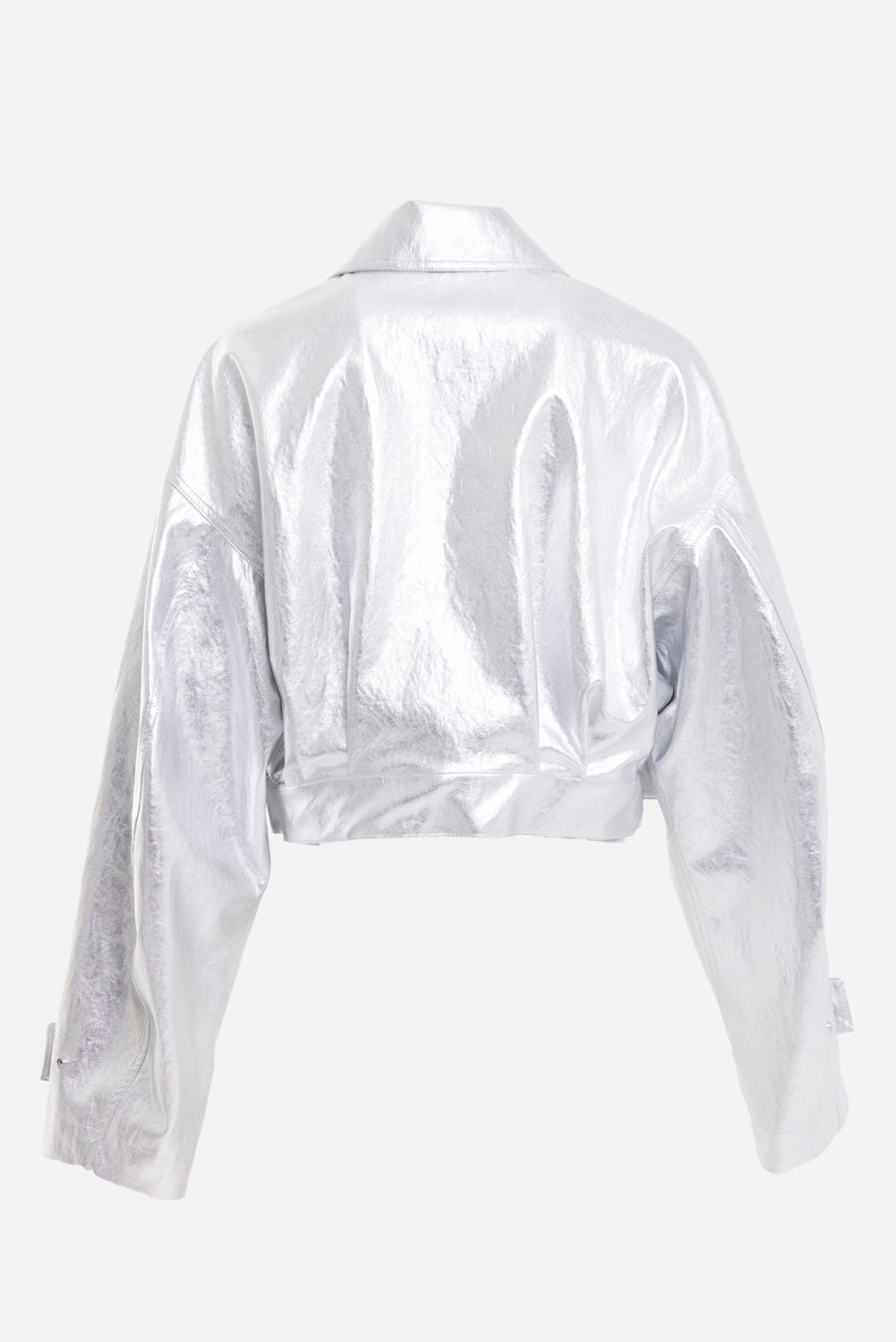 MSGM women's metallic belted jacket in Silver, back view, cropped hem and high-shine finish