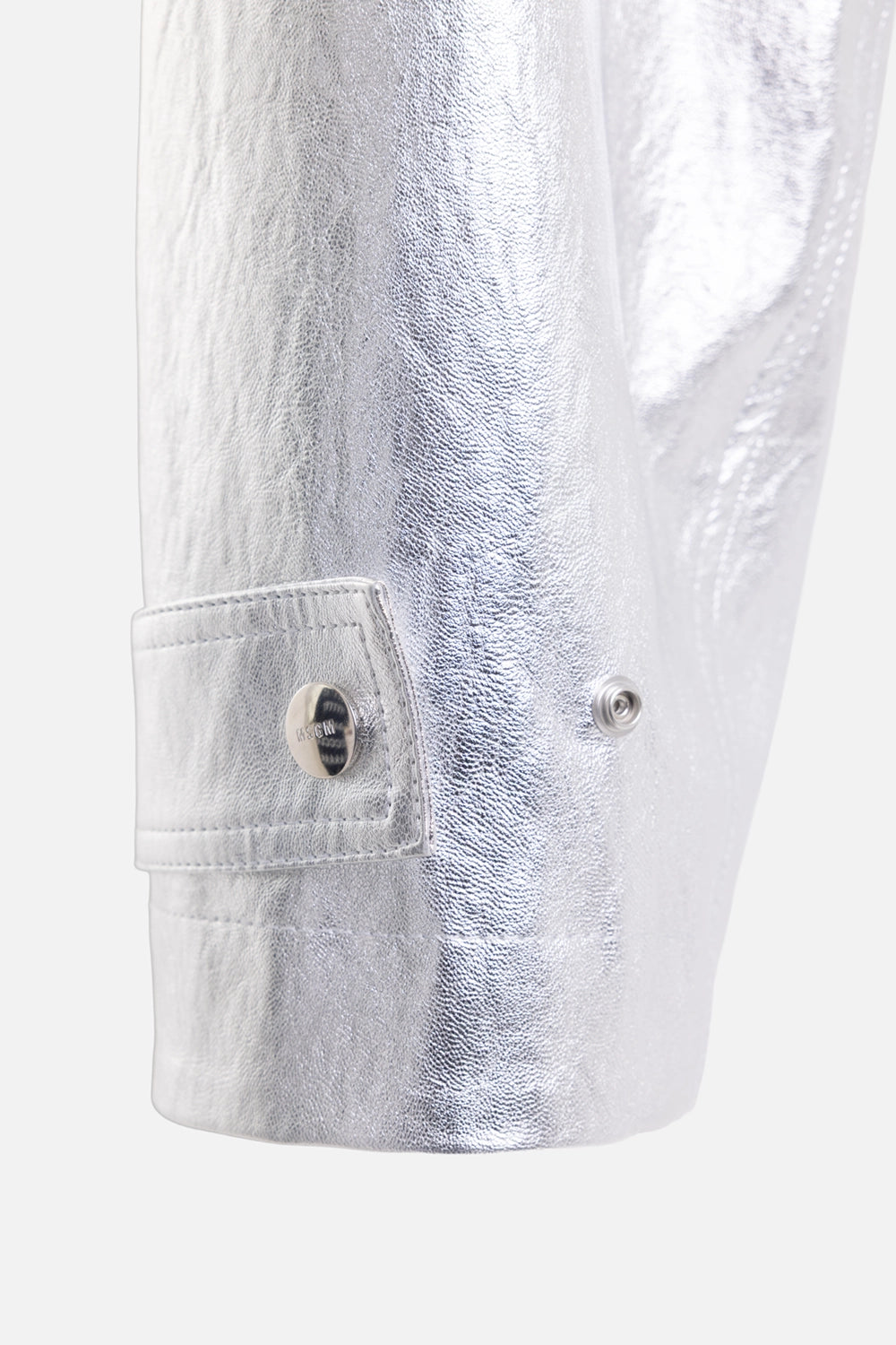 MSGM women's metallic belted jacket in Silver, cuff detail, branded snap tab and pebbled shine