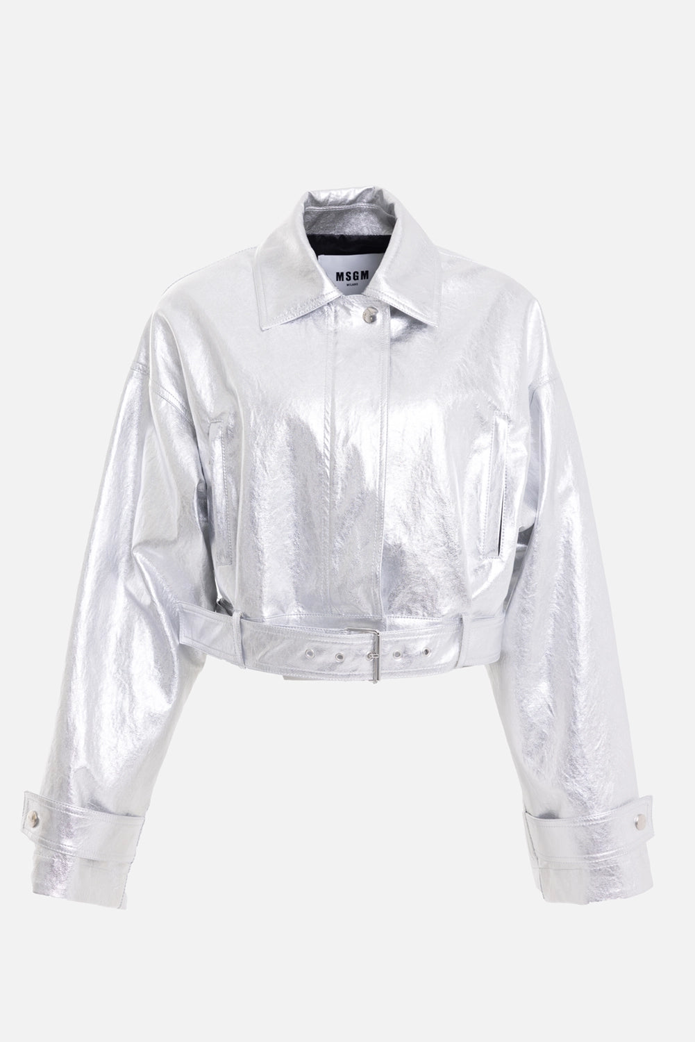 MSGM women's metallic belted jacket in Silver, front view, point collar and buckle belt