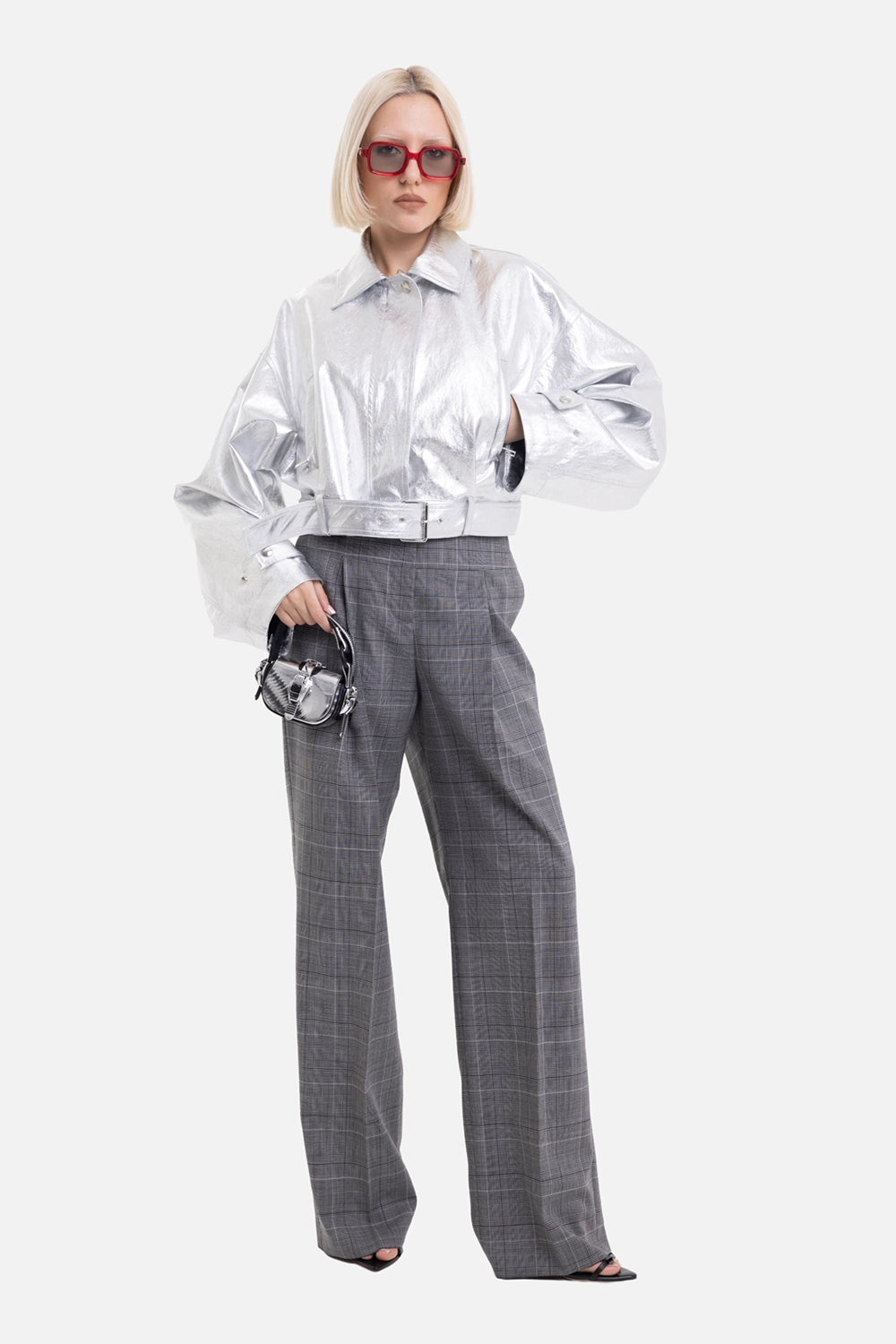 MSGM women's metallic belted jacket in Silver, on-model full-length view, cinched waist and wide sleeves