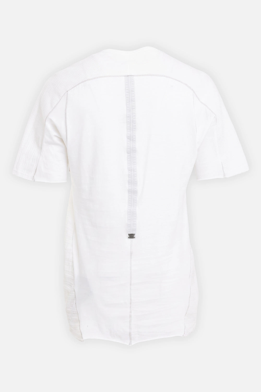 69 by Isaac Sellam men's Micro Ondes T-Shirt in Blanc, back view with long leather spine and staple detail