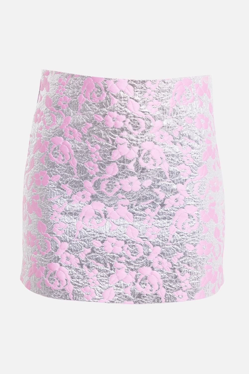 Des Phemmes women's micro skirt in silver/candy pink, front view, metallic floral jacquard
