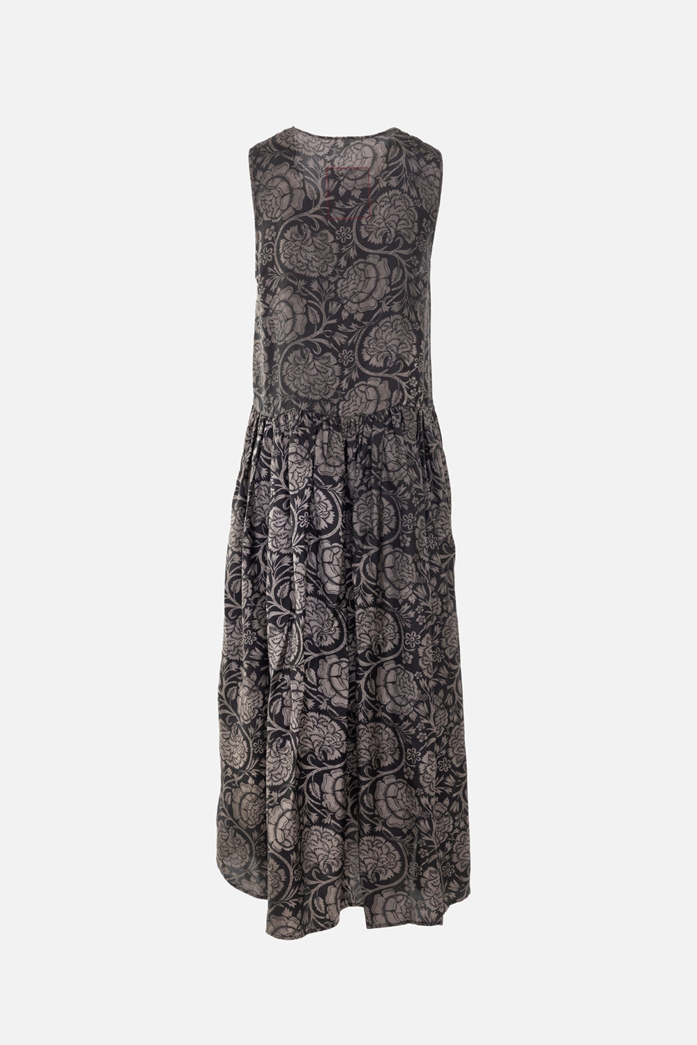 Uma Wang women's midi dress in black/tan, back view, clean sleeveless cut with gathered waist seam