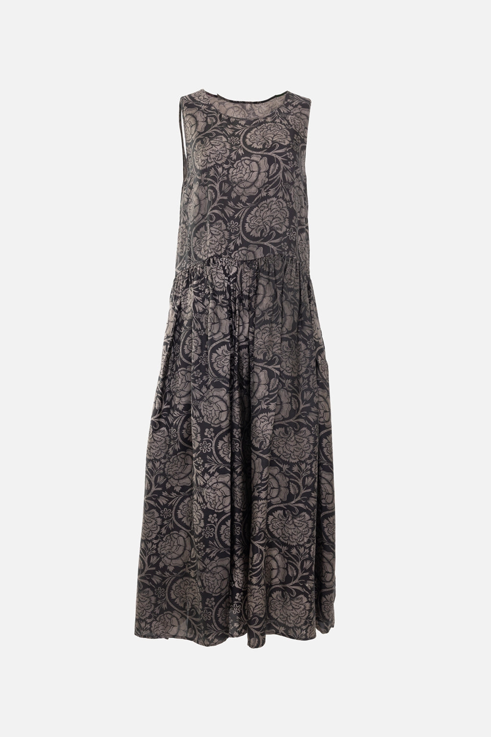 Uma Wang women's midi dress in black/tan, front view, sleeveless round neck with all-over floral pattern