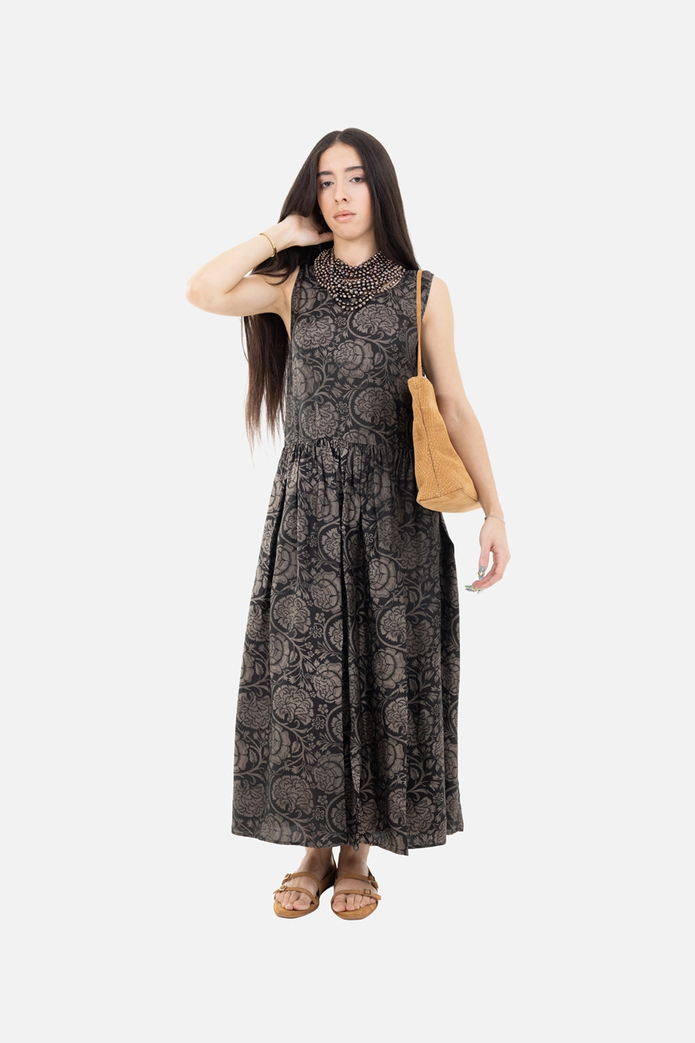 Uma Wang women's midi dress in black/tan, on-model full-length, flowing gathered skirt with floral motif