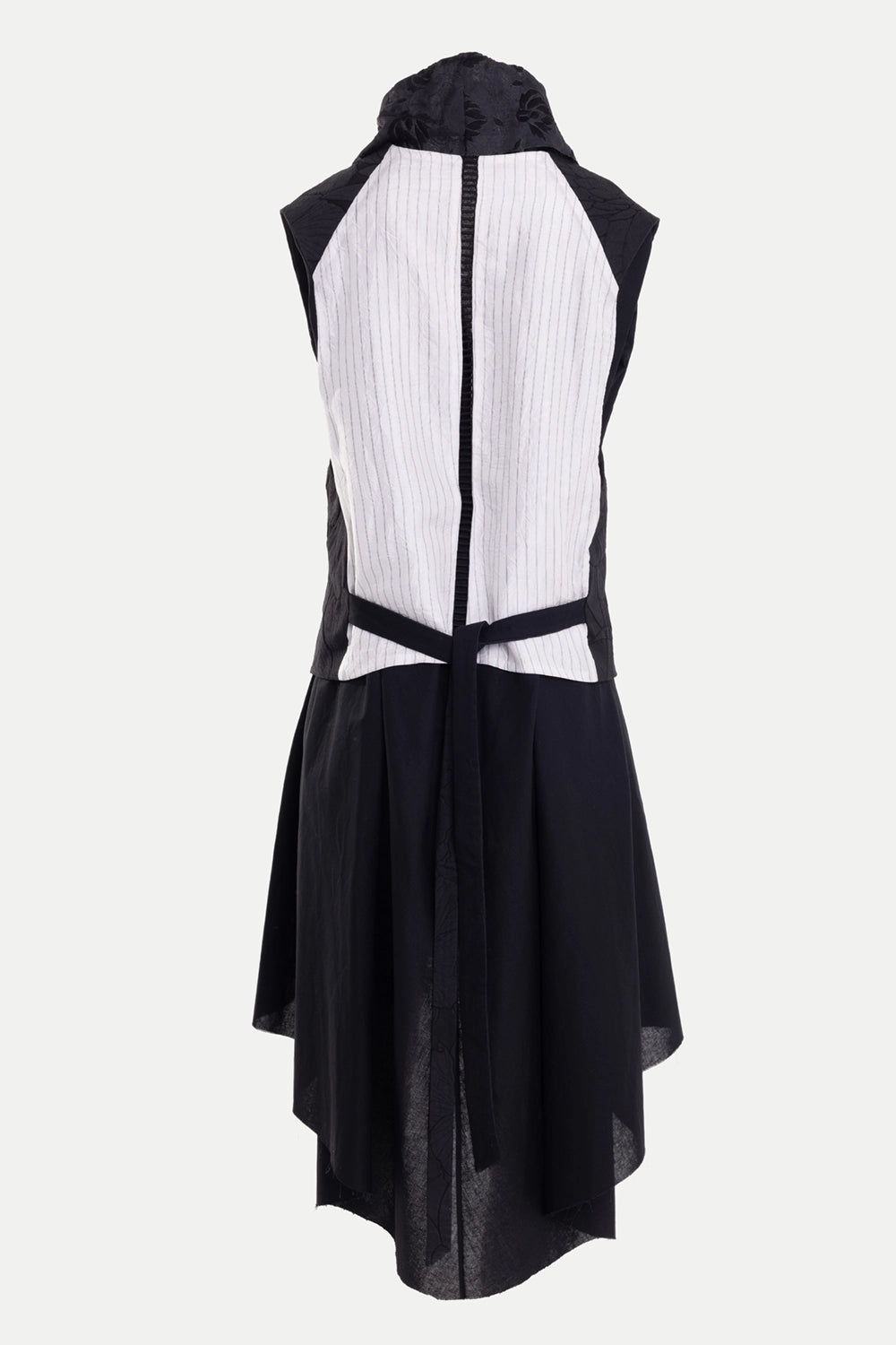 Chika Kisada women's midi dress in black and white, back view, pinstripe panel and waist tie
