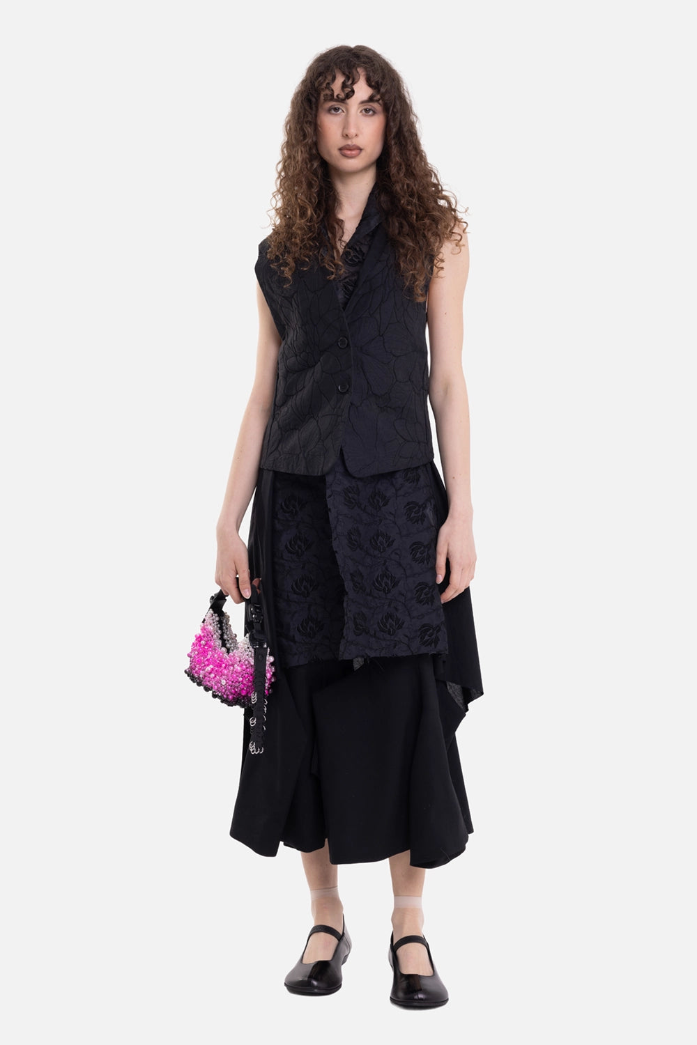 Chika Kisada women's midi dress in black and white, on-model full-length view, floral jacquard vest