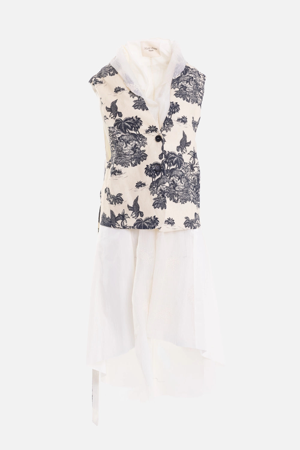 Marc Point women's midi dress in ivory black, front view with tropical toile vest bodice