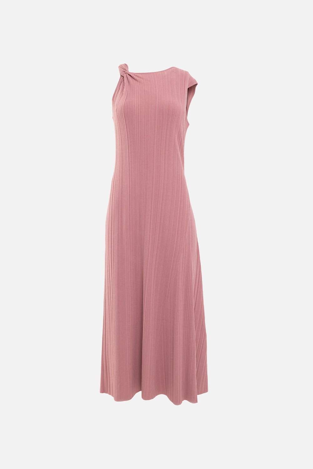 JOSEPH womens plissé knit midi dress in musk, front view, vertical pleated texture with high neckline