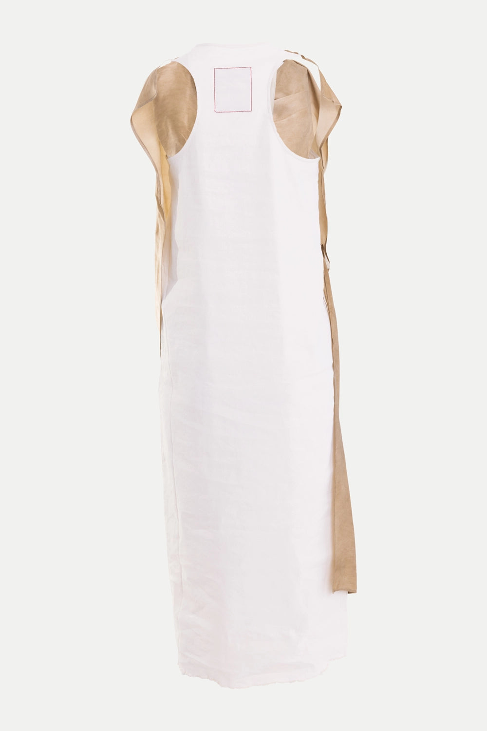 Uma Wang women's midi dress in off white, back view, white racerback panel and red stitched neck patch