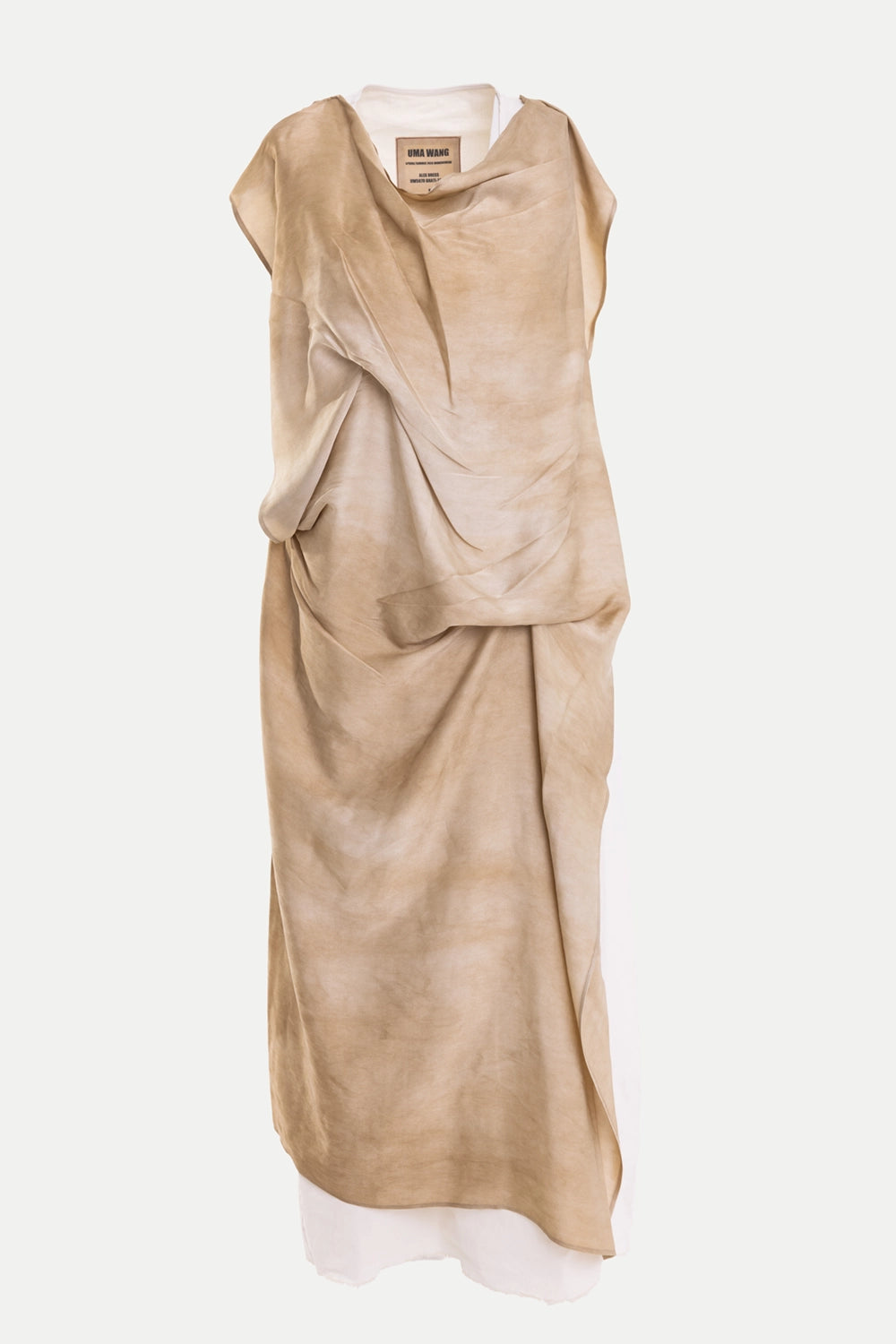 Uma Wang women's midi dress in off white, front view, tan draped overlay and sleeveless round neckline