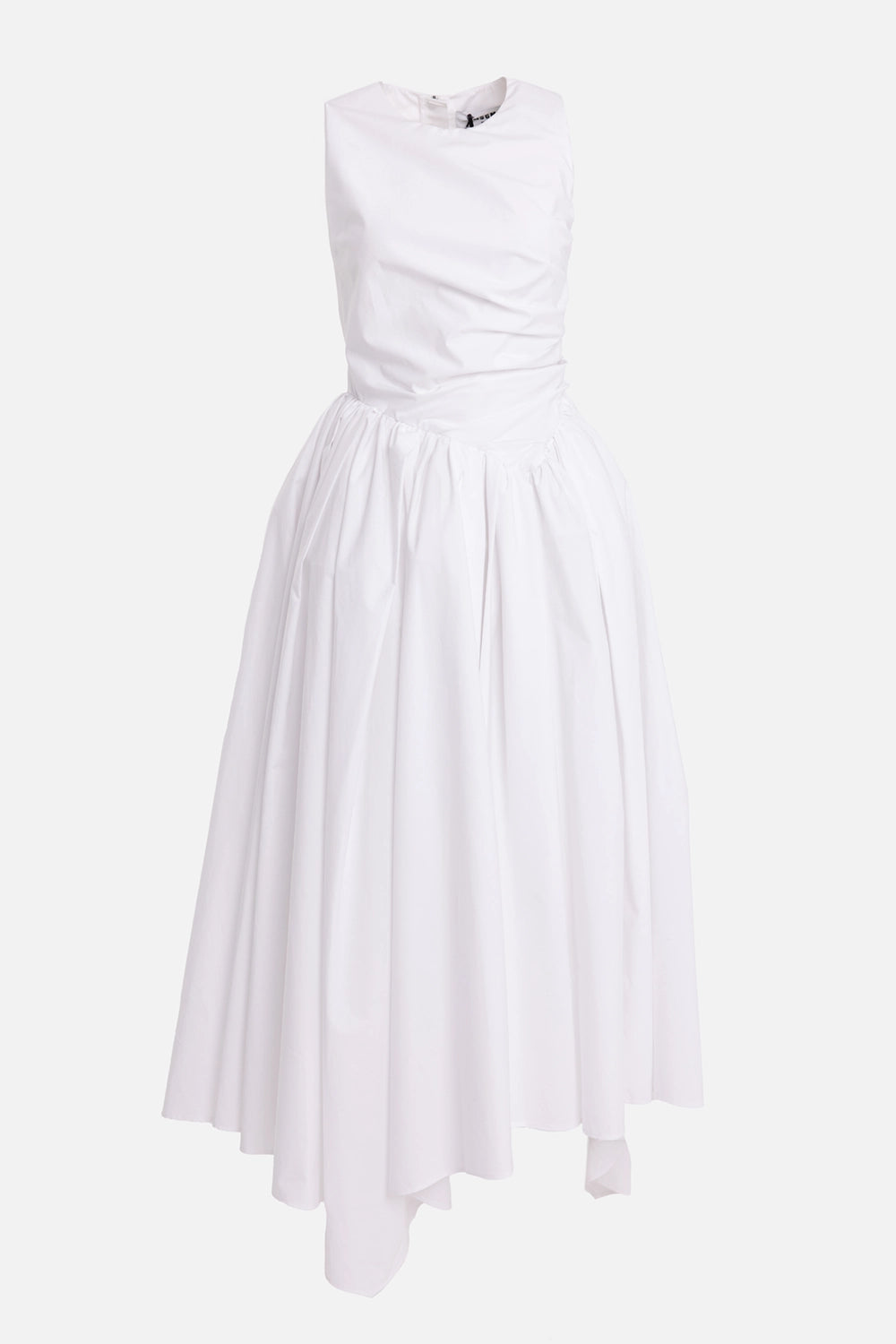 MSGM women's midi dress in white, front view, round neckline with gathered waist and asymmetric skirt