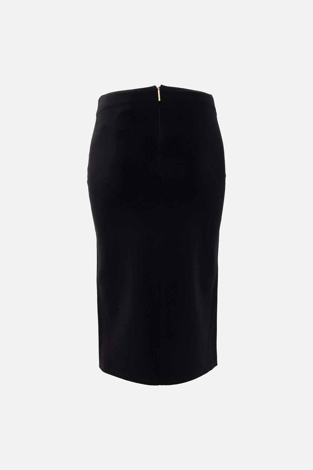 JOSEPH womens midi skirt in black, back view, gold-tone zipper pull at waistband with smooth Milano knit finish