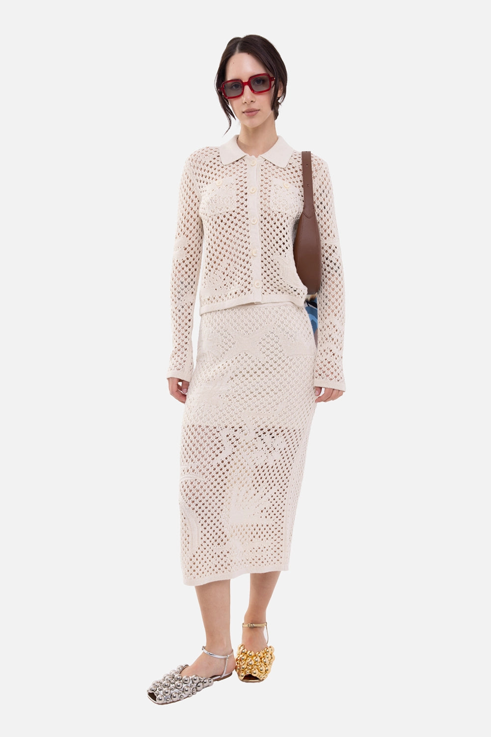 Zadig&Voltaire women's midi skirt in ecru, on-model full length, open crochet knit with matching cardigan