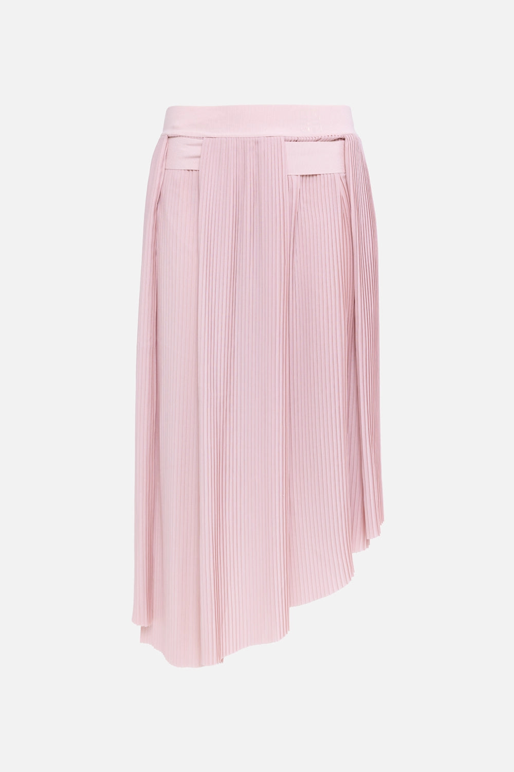 Pre-owned Givenchy women's pleated midi skirt in pink, front view, wide waistband and wrap-style panel