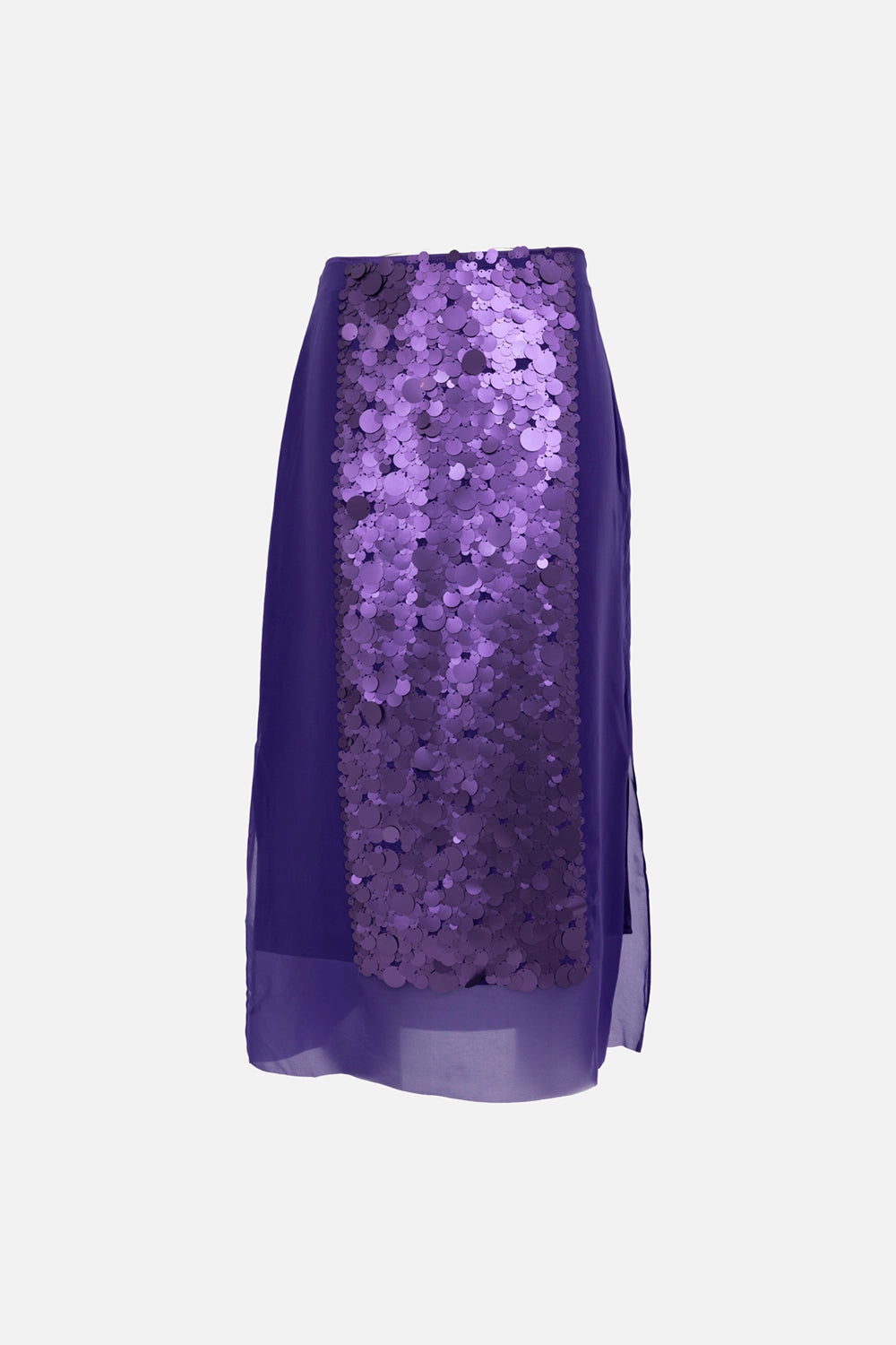 JOSEPH women’s midi skirt in violet, back view, layered chiffon hem with straight back waistline