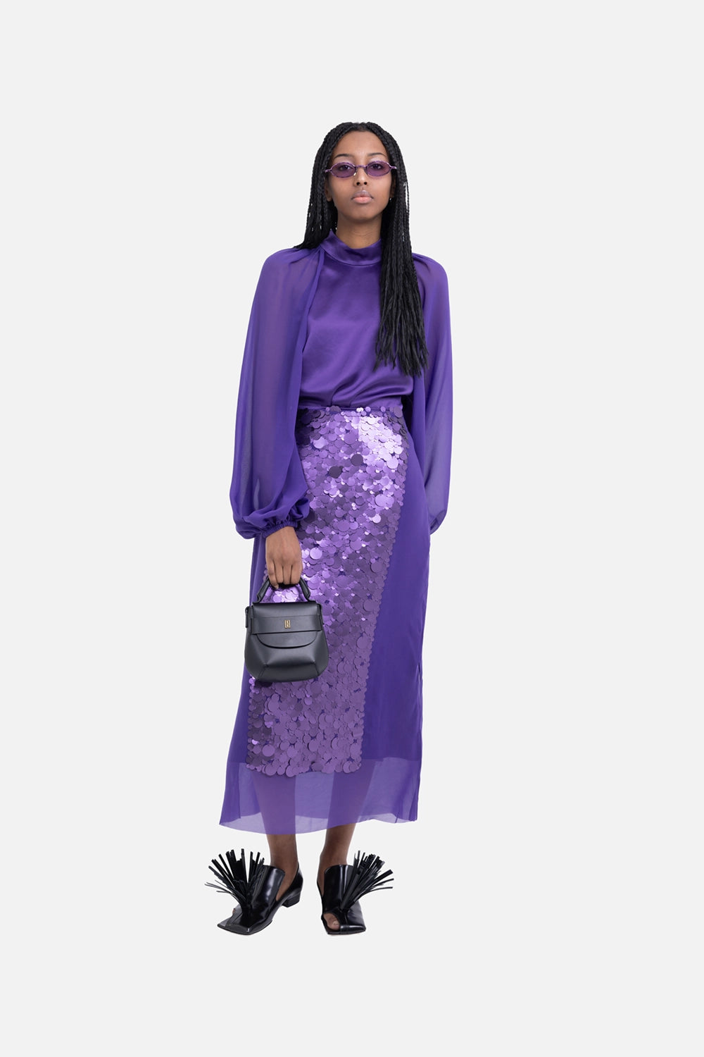 JOSEPH women’s midi skirt in violet, on-model full length, sheer chiffon overlay with shimmering sequin panel