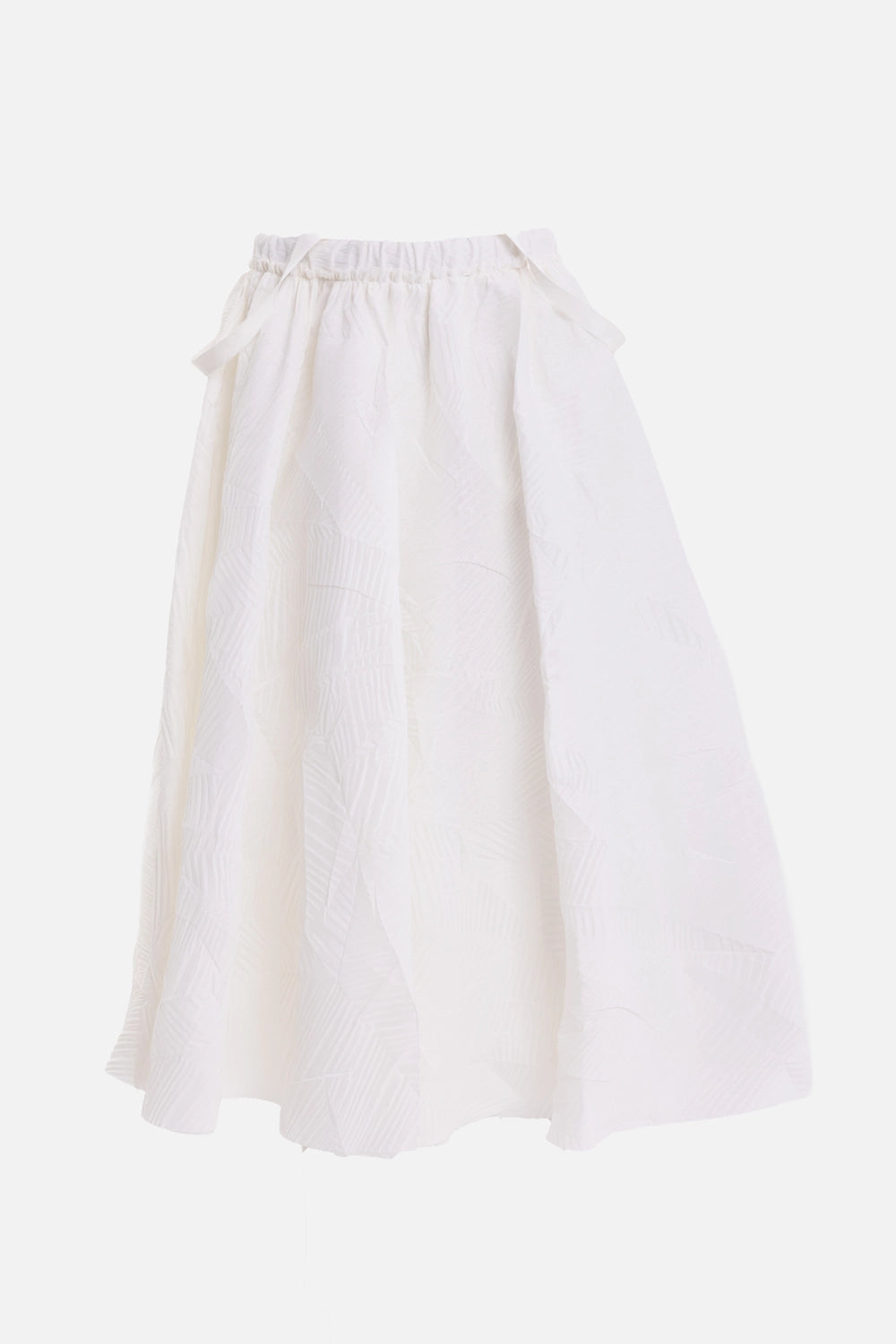 Lehar women's midi skirt in white, front view with elastic waistband and tonal leaf jacquard texture
