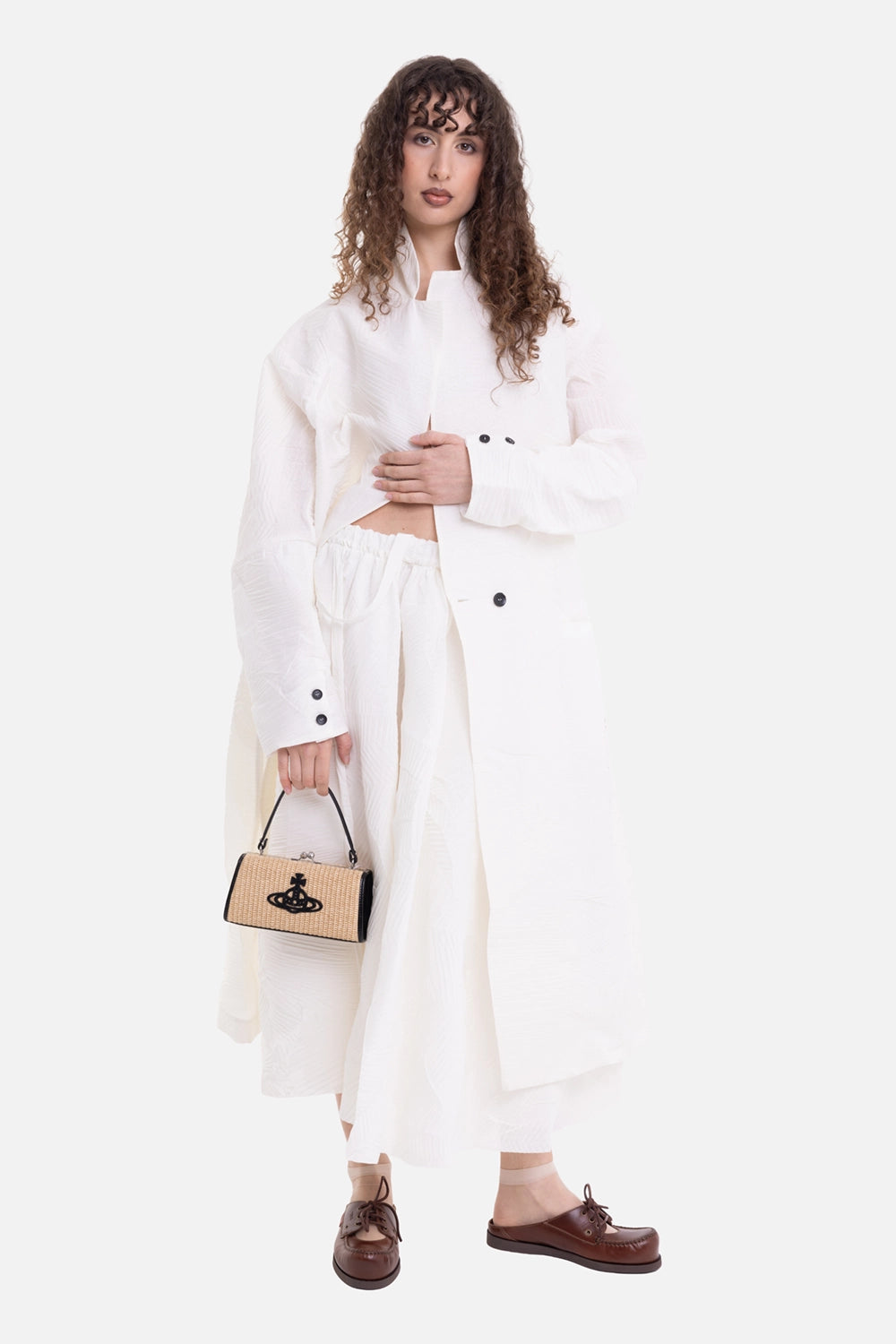 Lehar women's midi skirt in white, on-model full length with elastic waist and flowing jacquard panels