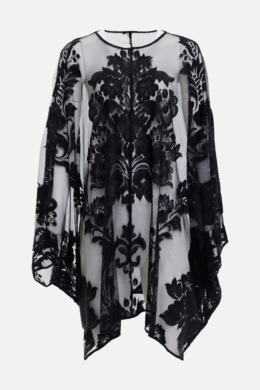 Norma Kamali women mini caftan in black, front view, sheer floral damask lace and crew neckline