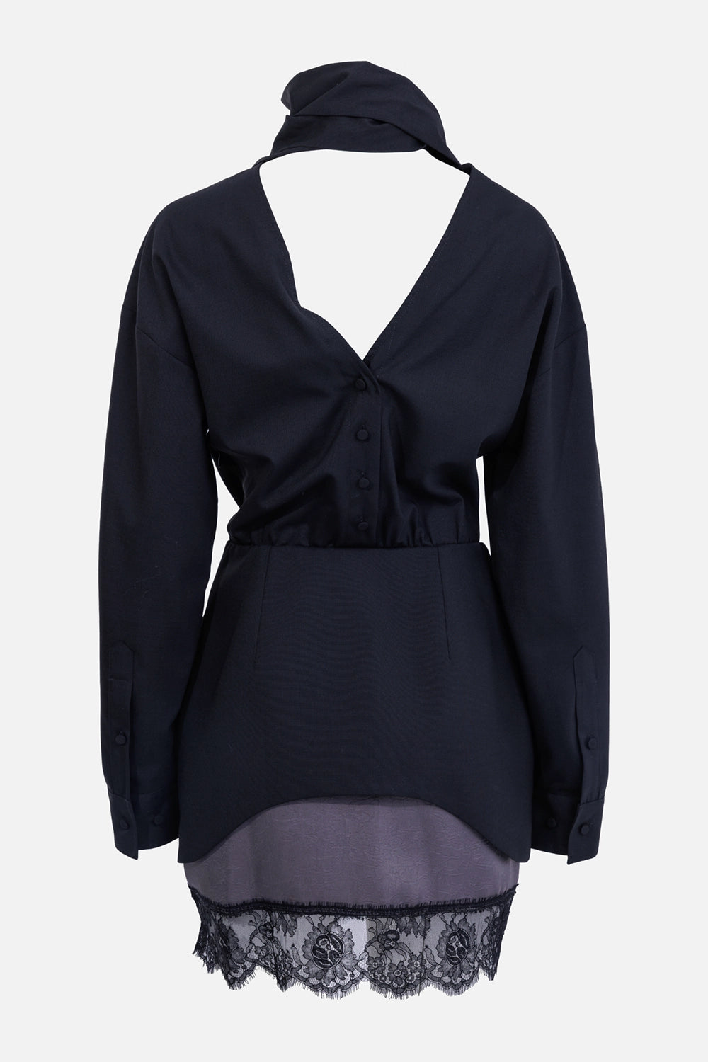 MSGM women's black mini dress, back view with deep V opening, covered buttons and scarf neckline
