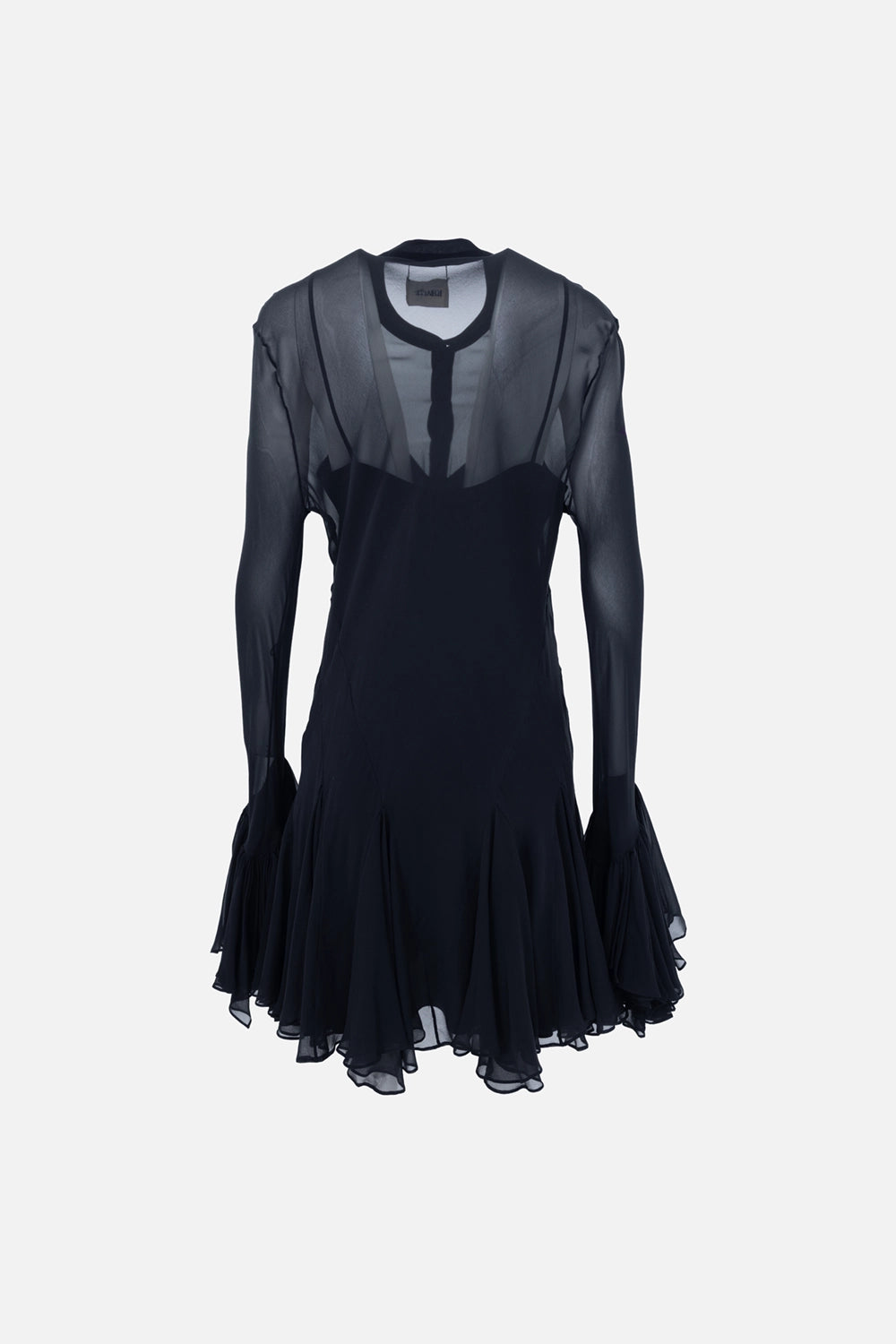 Pre-owned Khaite mini dress in black, back view, sheer yoke with fluted hem