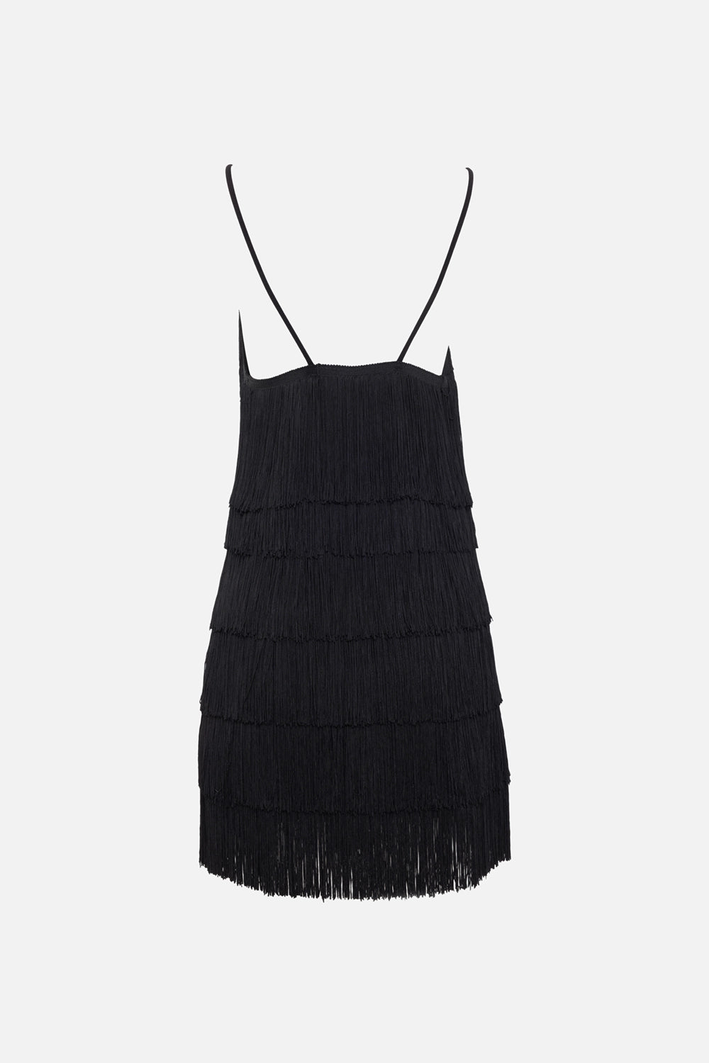 Norma Kamali women's fringe slip mini dress in black, back view, crossed spaghetti straps and tiered fringe
