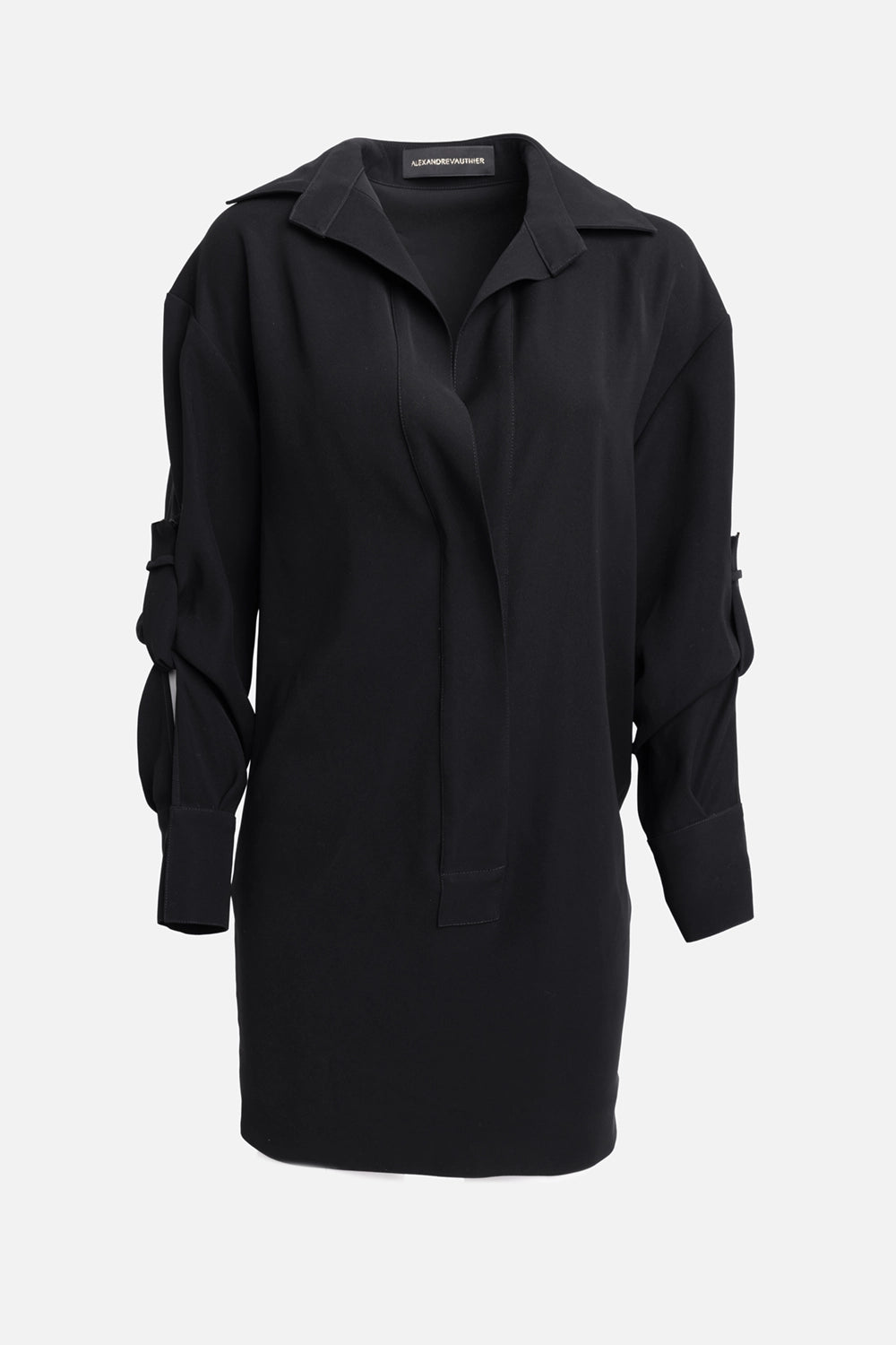 Pre-owned Alexandre Vauthier women's mini dress in black, front view, spread collar and deep V-neck