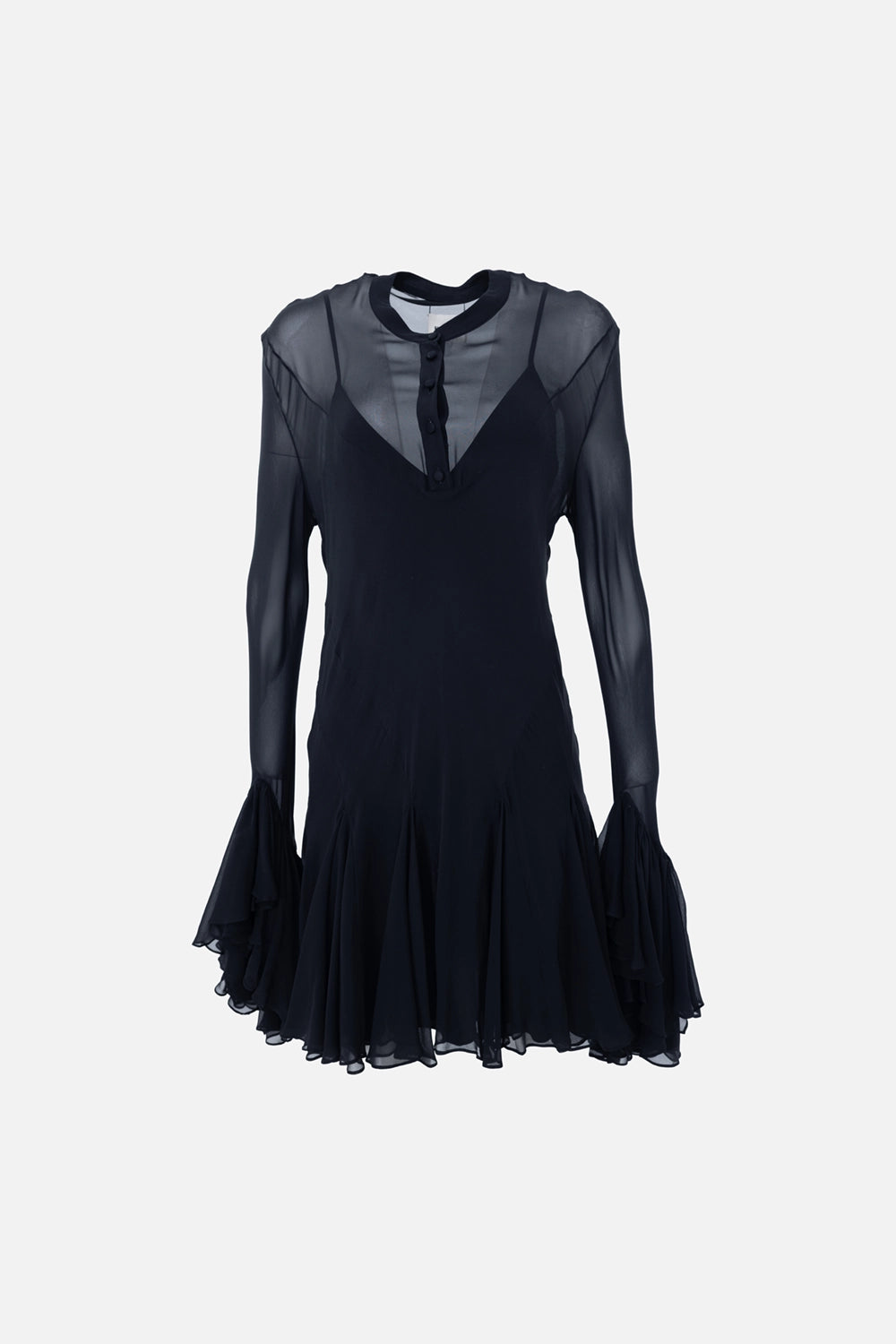 Pre-owned Khaite mini dress in black, front view, sheer long sleeves with button placket