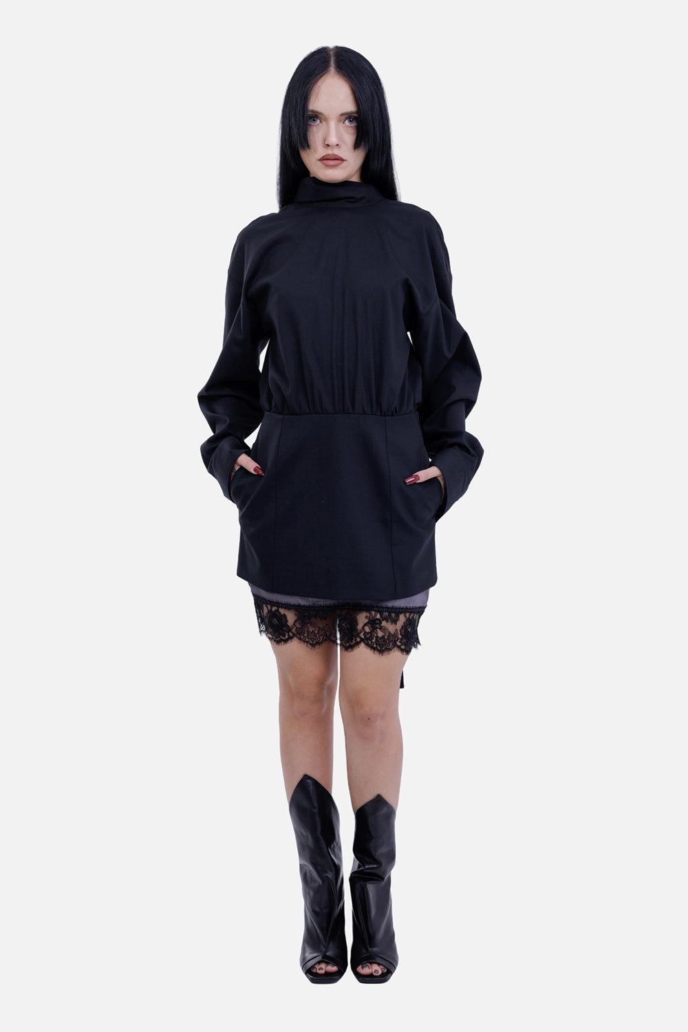 MSGM women's black mini dress, full-length on-model view with high scarf neck, side pockets and lace hem