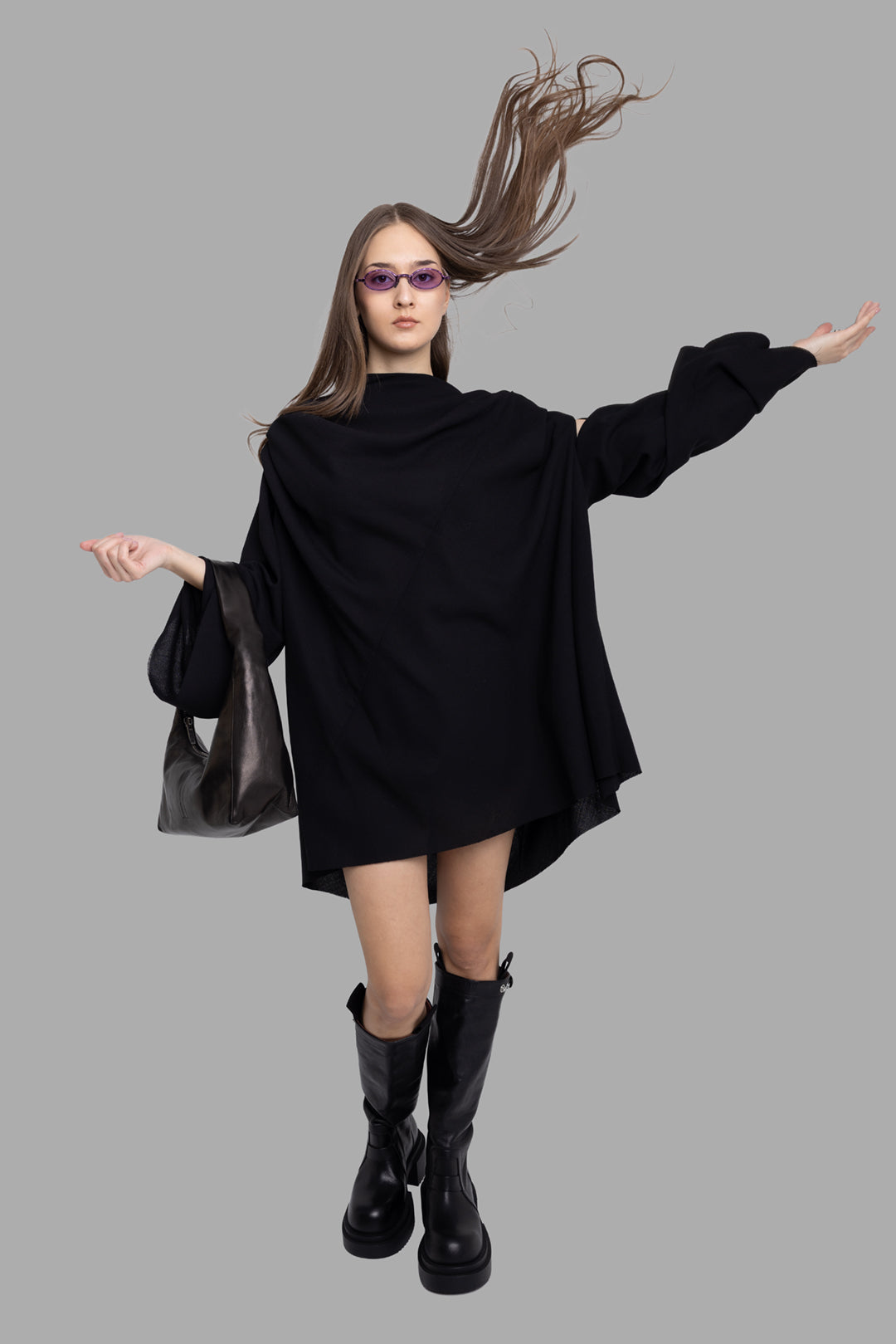 Rick Owens women's black Claudette mini dress, on-model full-length view with wide sleeves and asymmetric hem