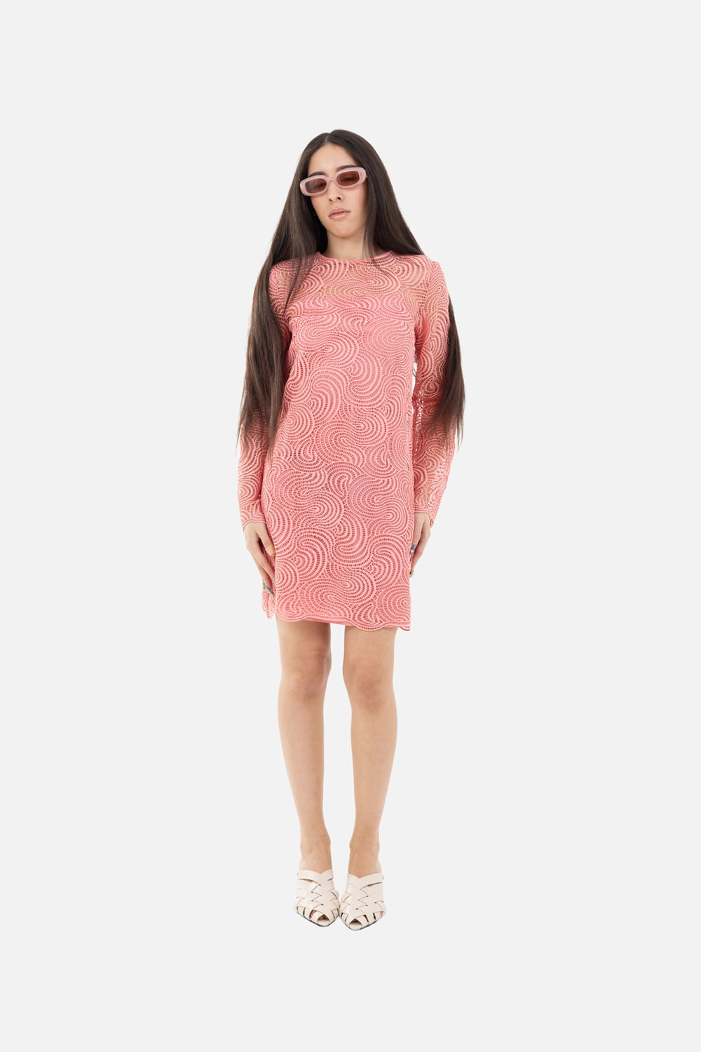 JOSEPH womens mini dress in blush, on-model full-length, sheer long sleeves with swirl corded lace pattern