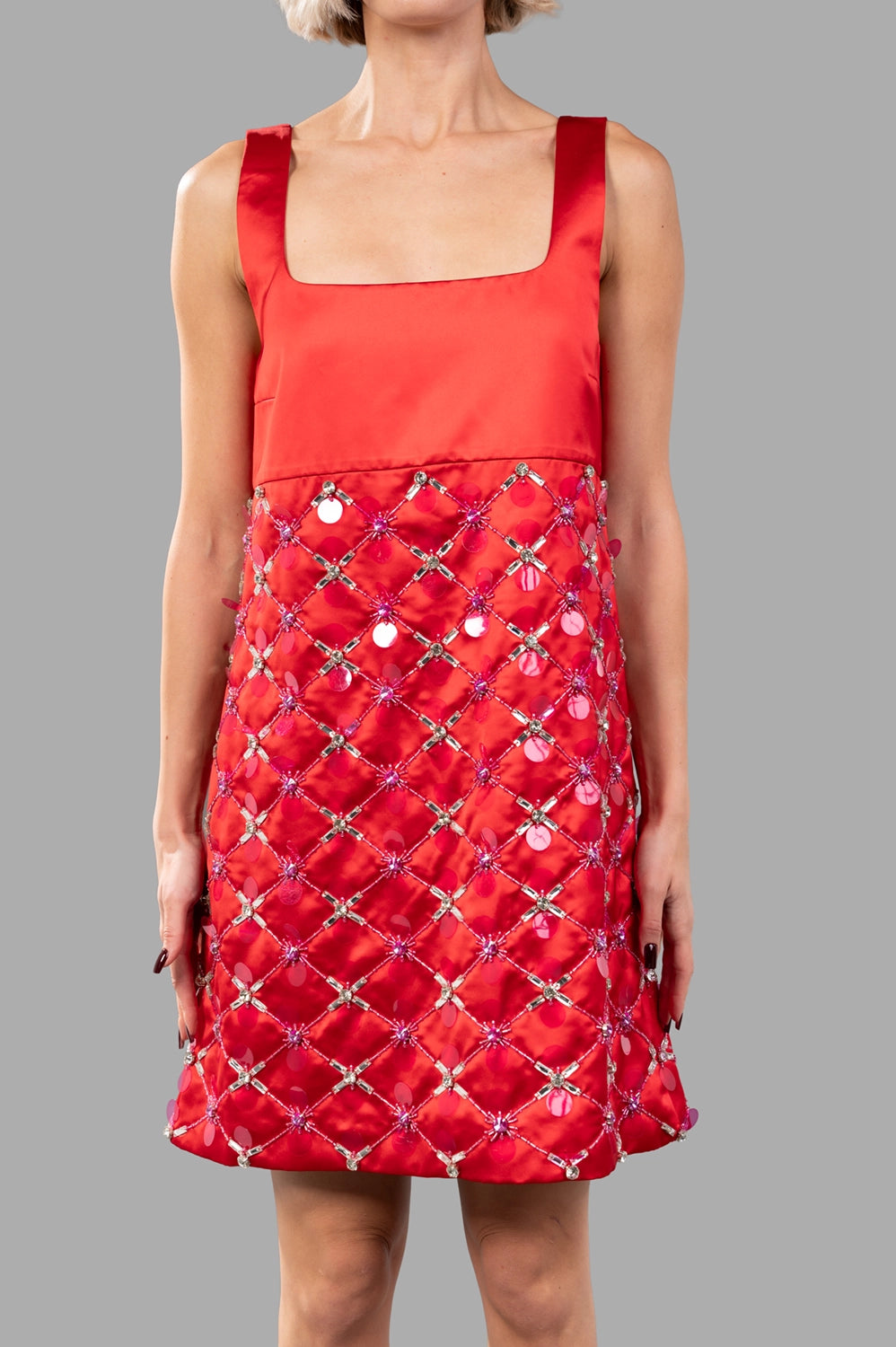 Front crop showing square neckline, wide straps, and smooth duchesse bodice.