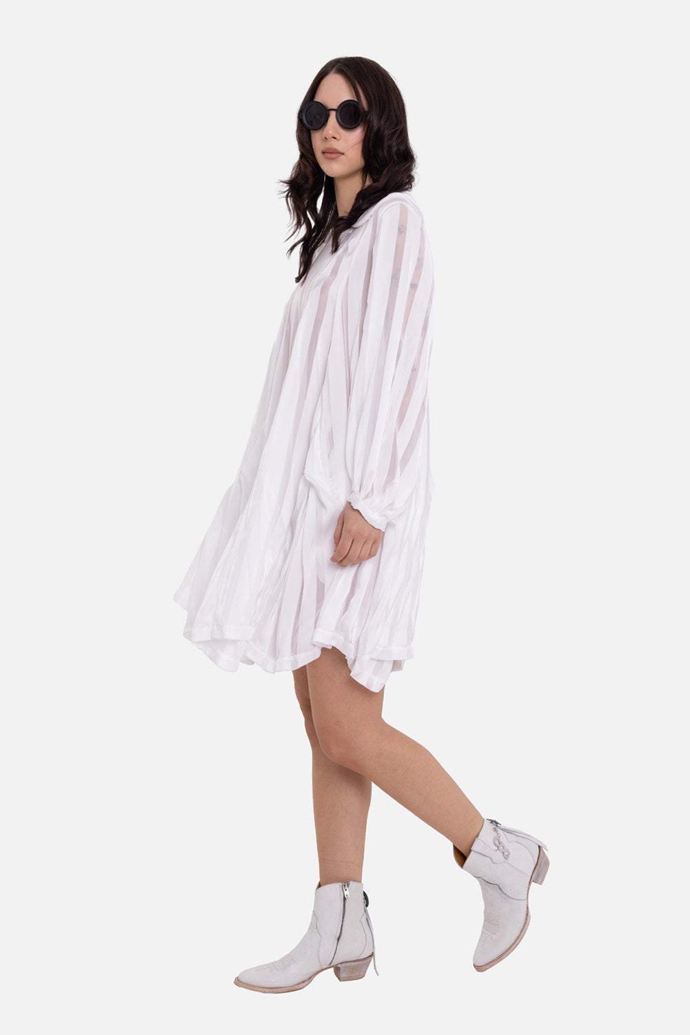 Comme des Garçons women's mini dress in white, on-model full length, sheer pleated sleeves and loose hem