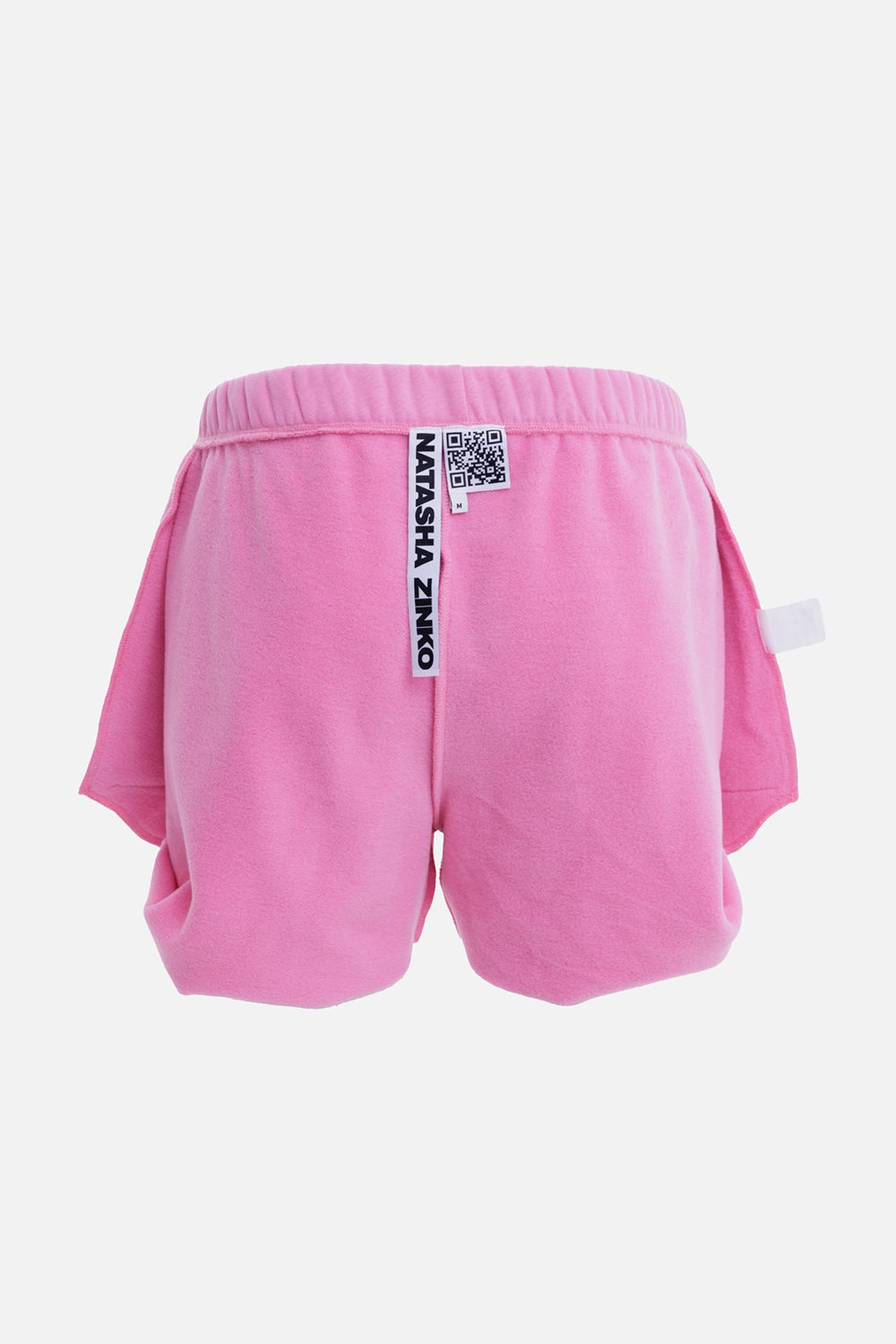 Natasha Zinko women's pink mini shorts, back view with layered sides and visible branded label